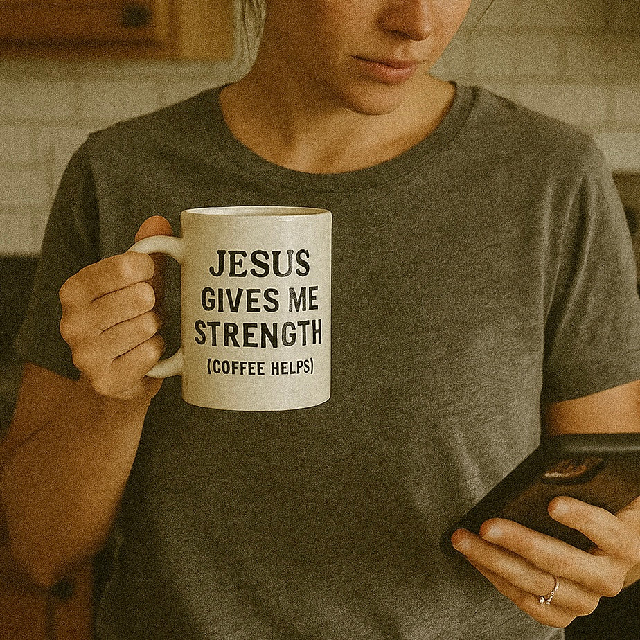 Woman holding a white coffee mug that says 'JESUS GIVES ME STRENGTH (COFFEE HELPS)' while looking at her phone in a cozy kitchen setting.