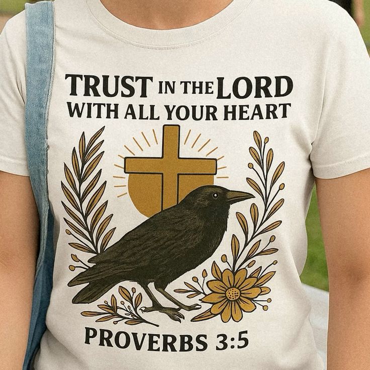 Cream-colored T-shirt featuring a black crow standing on floral branches, with a large yellow cross and sunburst in the background. Above the artwork is the verse: