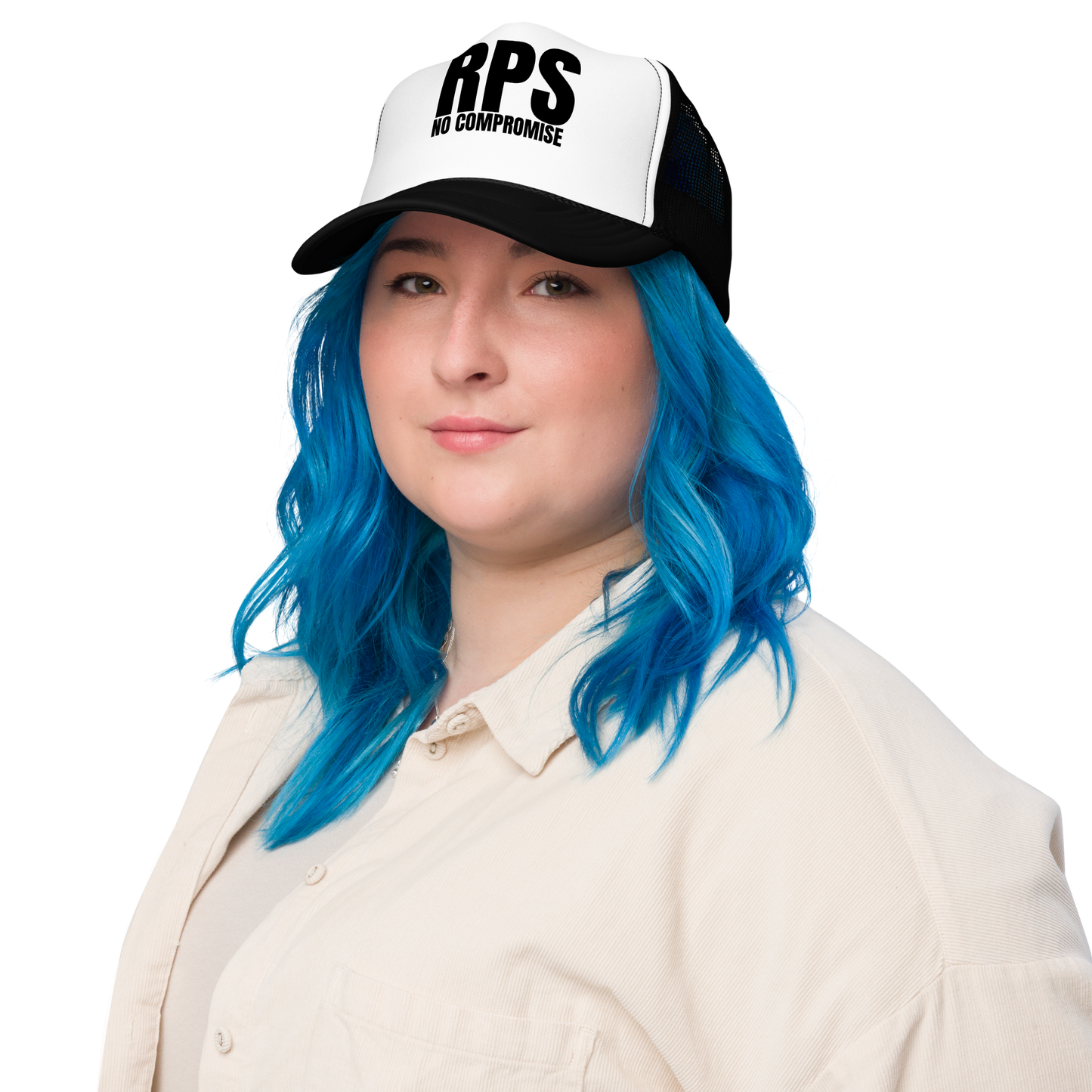 Rebel Parent Society RPS No Compromise Foam Trucker Hat, Black/White, Front Right Side, Female Model
