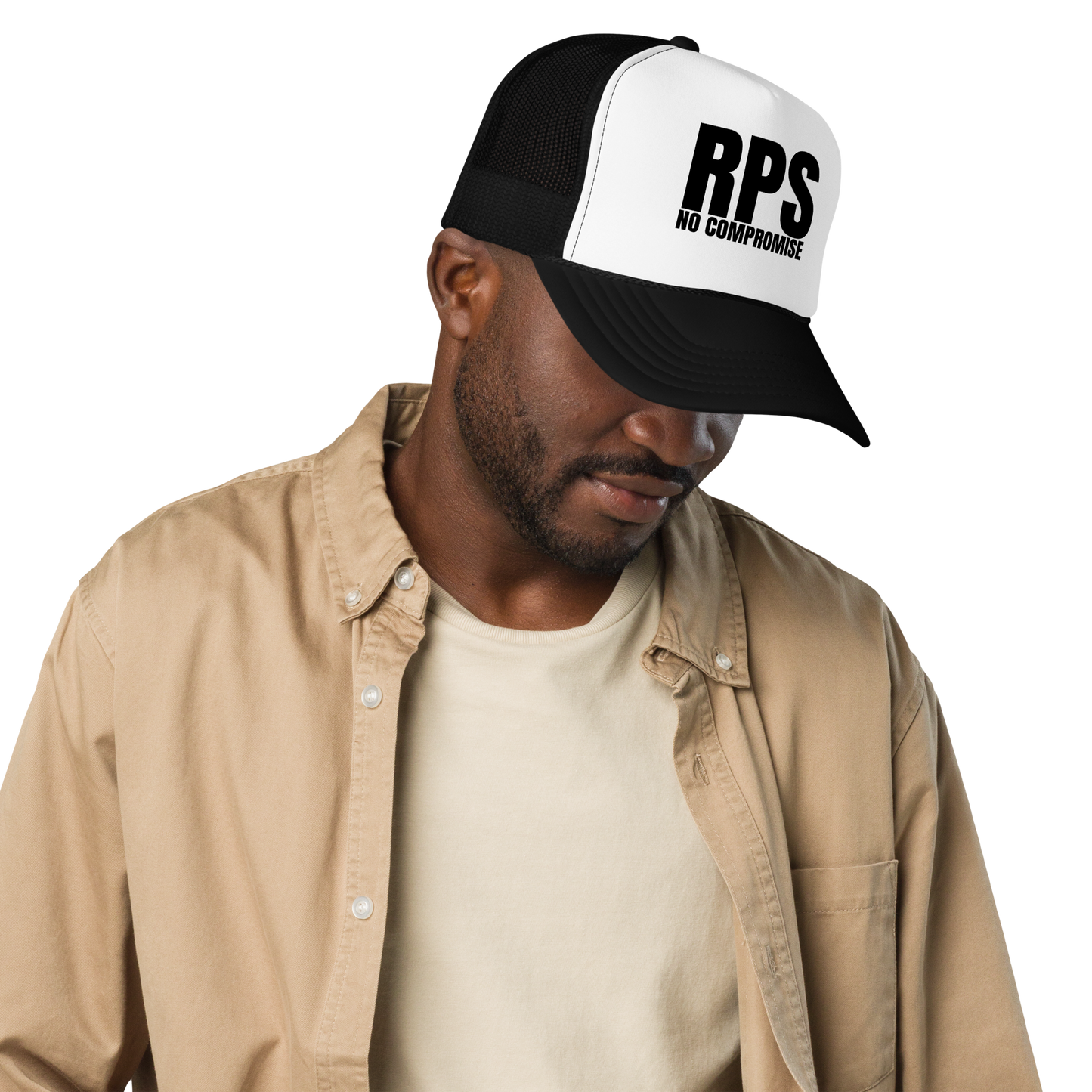 Rebel Parent Society RPS No Compromise Foam Trucker Hat, Black/White, Front Left Side, Male Model