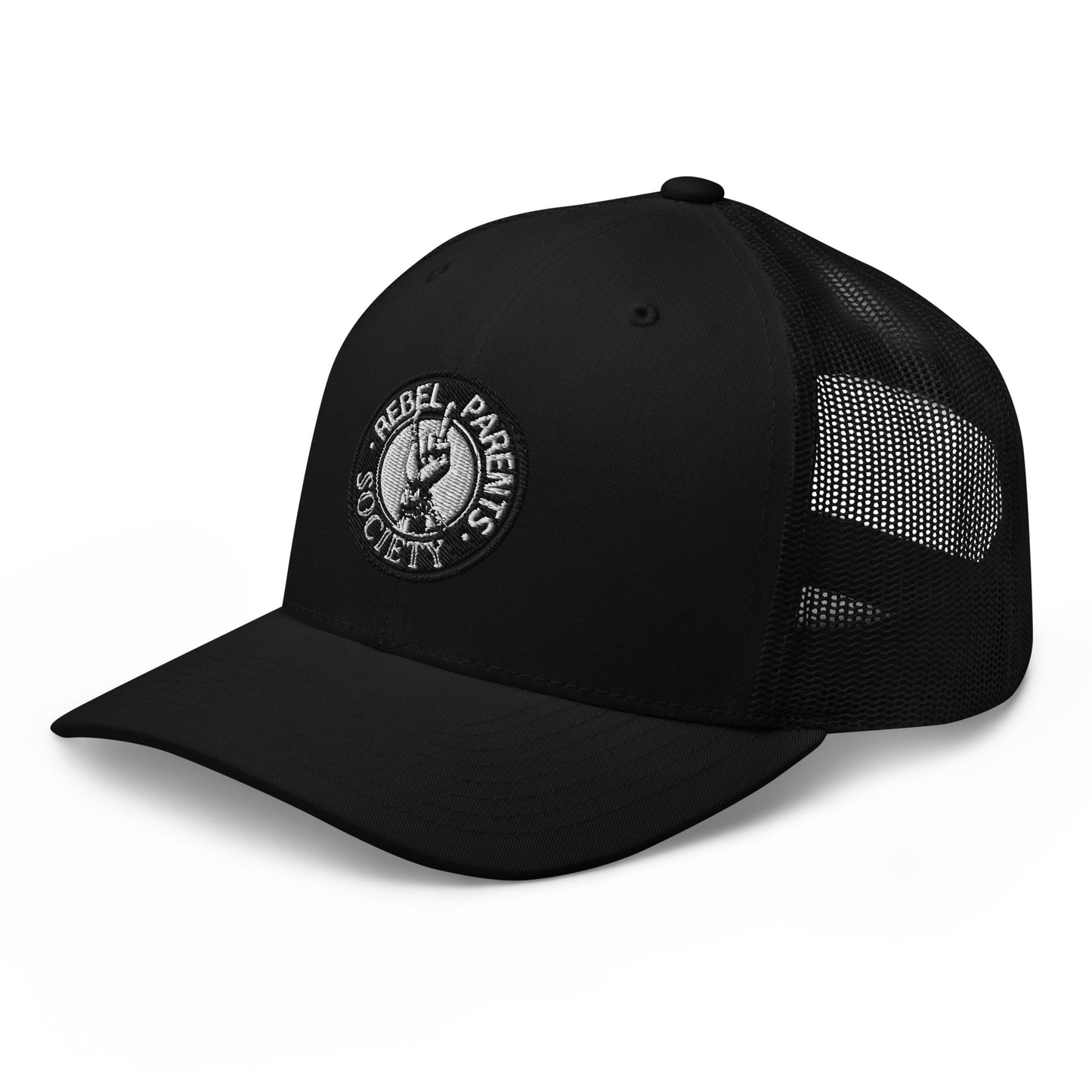 Rebel Parent Society Logo Trucker Hat, Black, Front Right Side