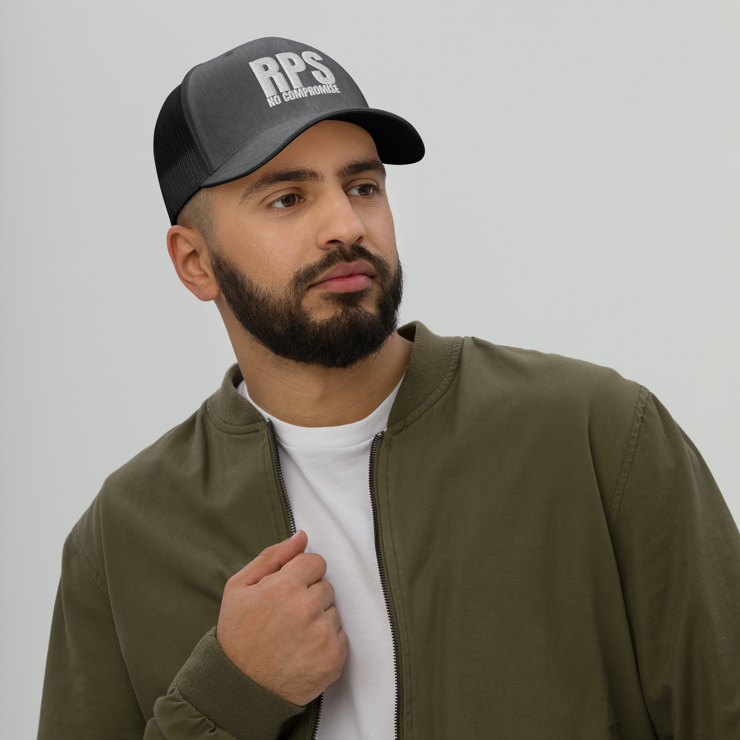 Rebel Parent Society RPS No Compromise Trucker Hat, Dark Gray, Front Left Side, Male Model