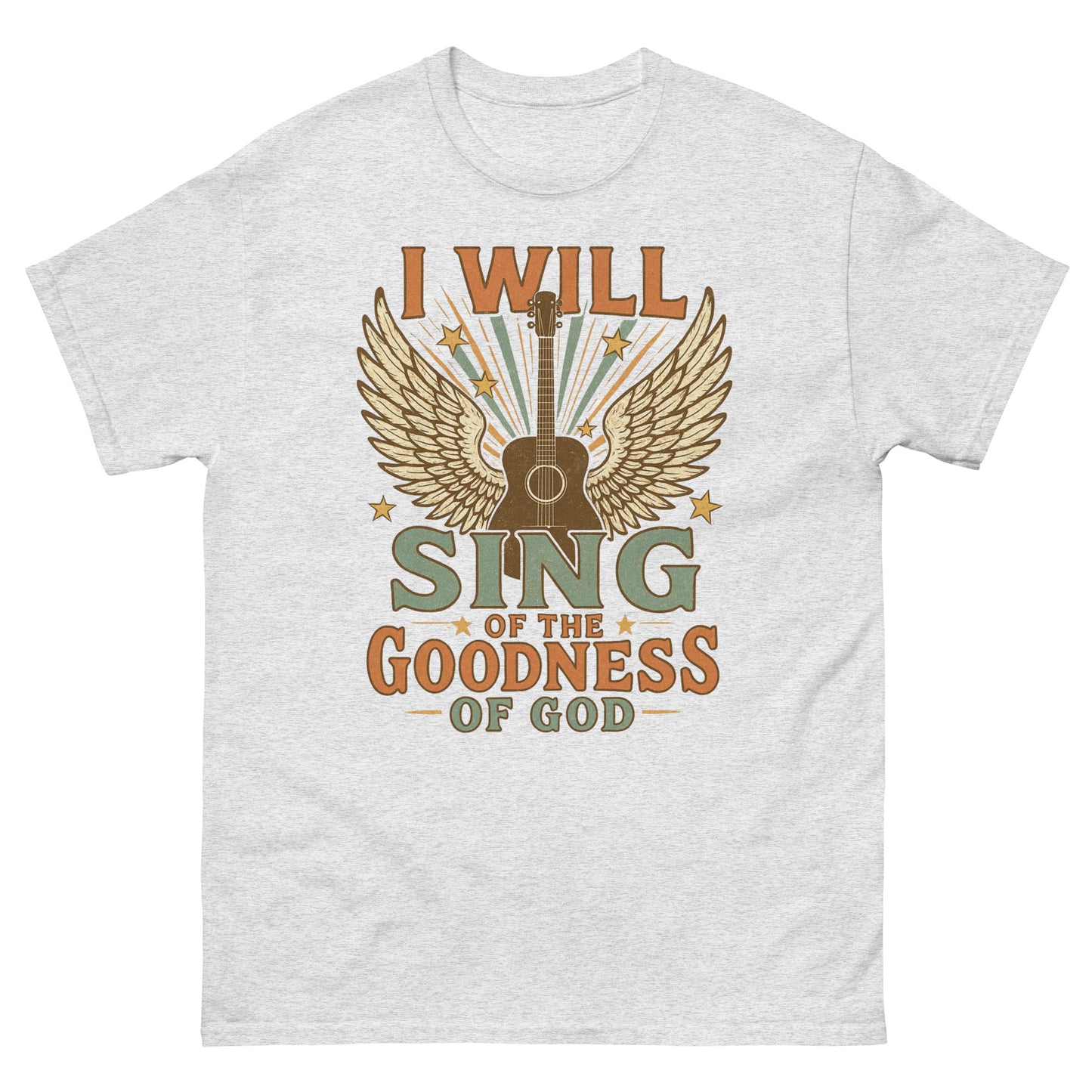 Women's t-shirt with a vintage-style graphic of a guitar with angel wings and stars. Text reads 'I Will Sing of the Goodness of God' in bold retro fonts. Front, Ash Color