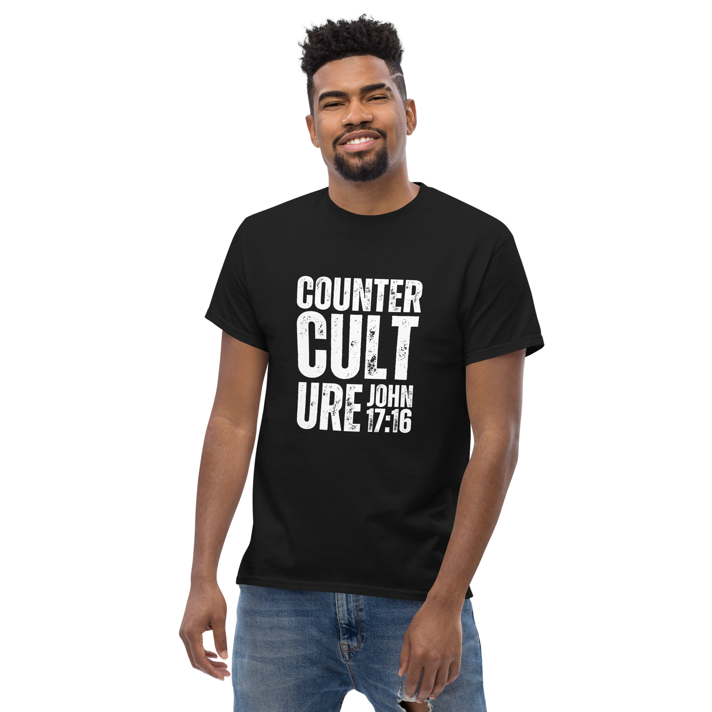Rebel Parent Society Men's Counterculture T-Shirt, Black, Front Side, Model