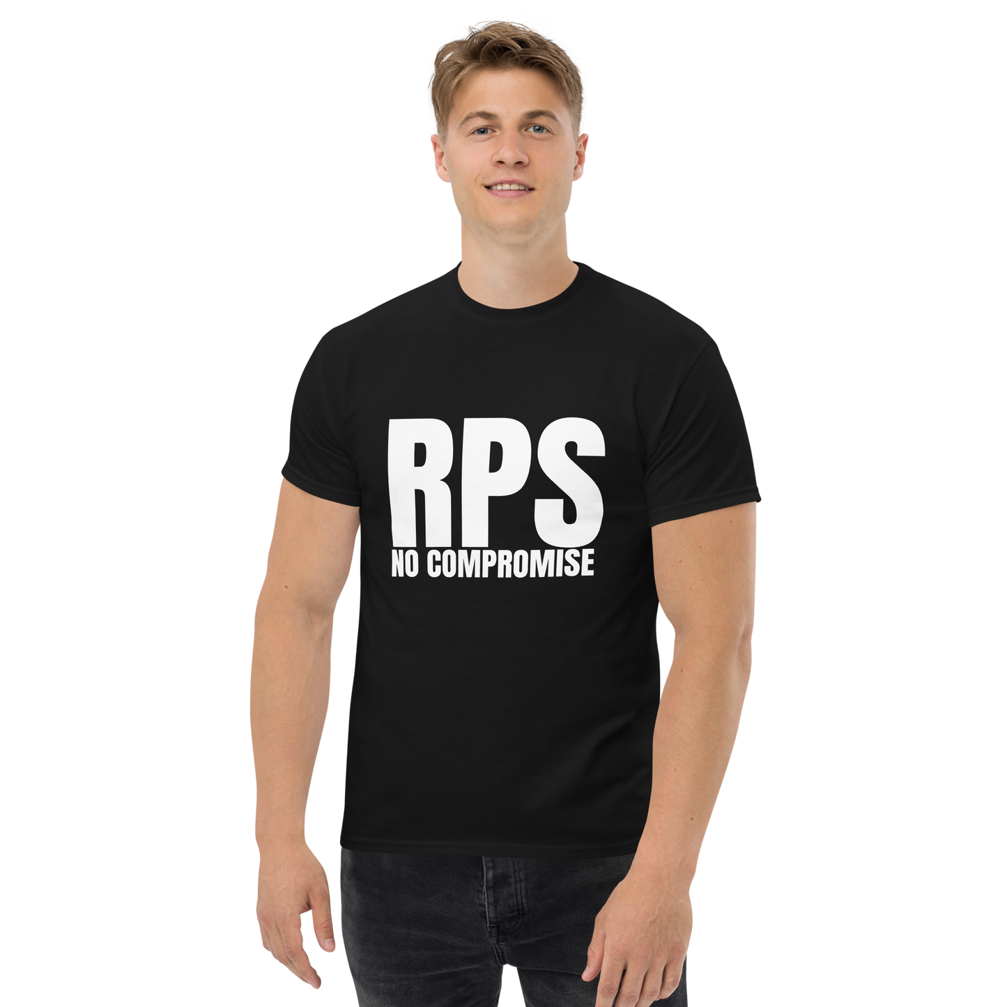 Rebel Parent Society Men's RPS No Compromise T-Shirt, White, Front Side, Model 1