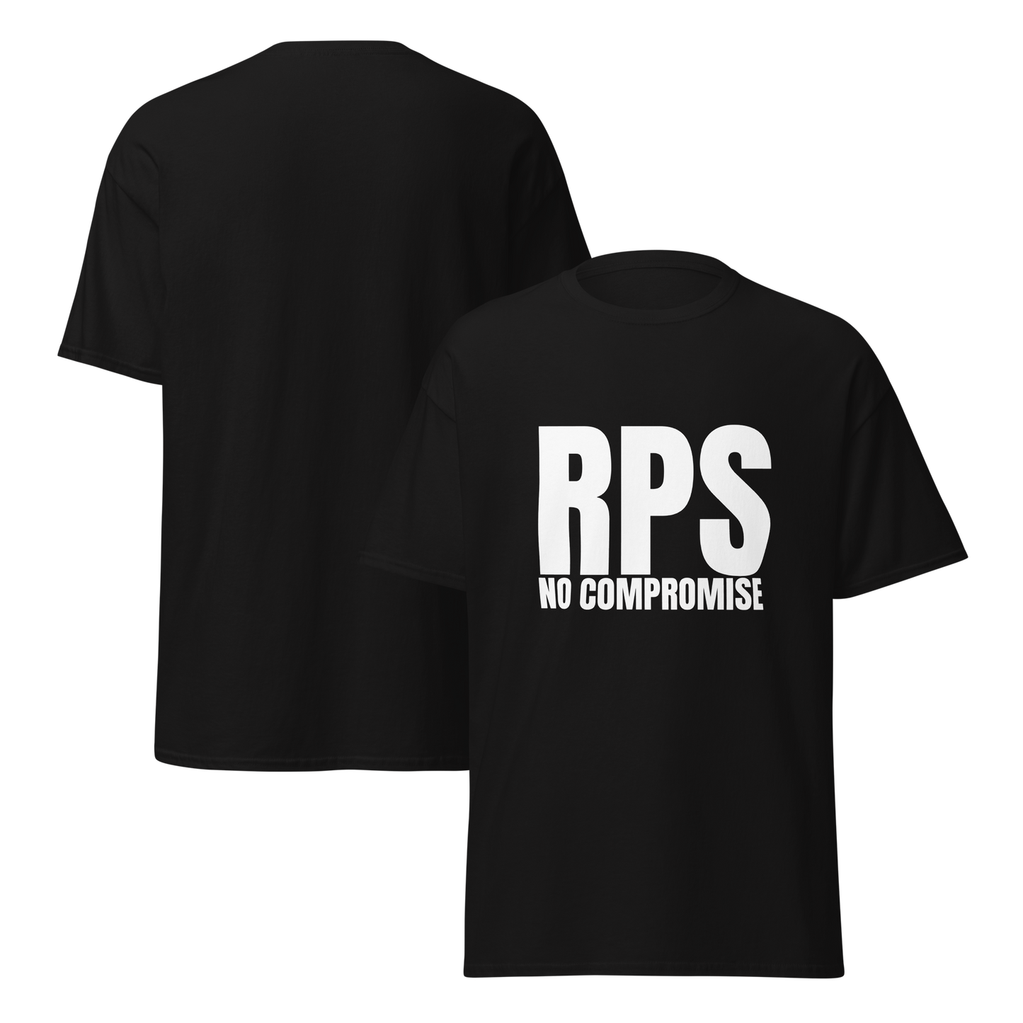 Rebel Parent Society Men's RPS No Compromise T-Shirt, White, Front and Back Side