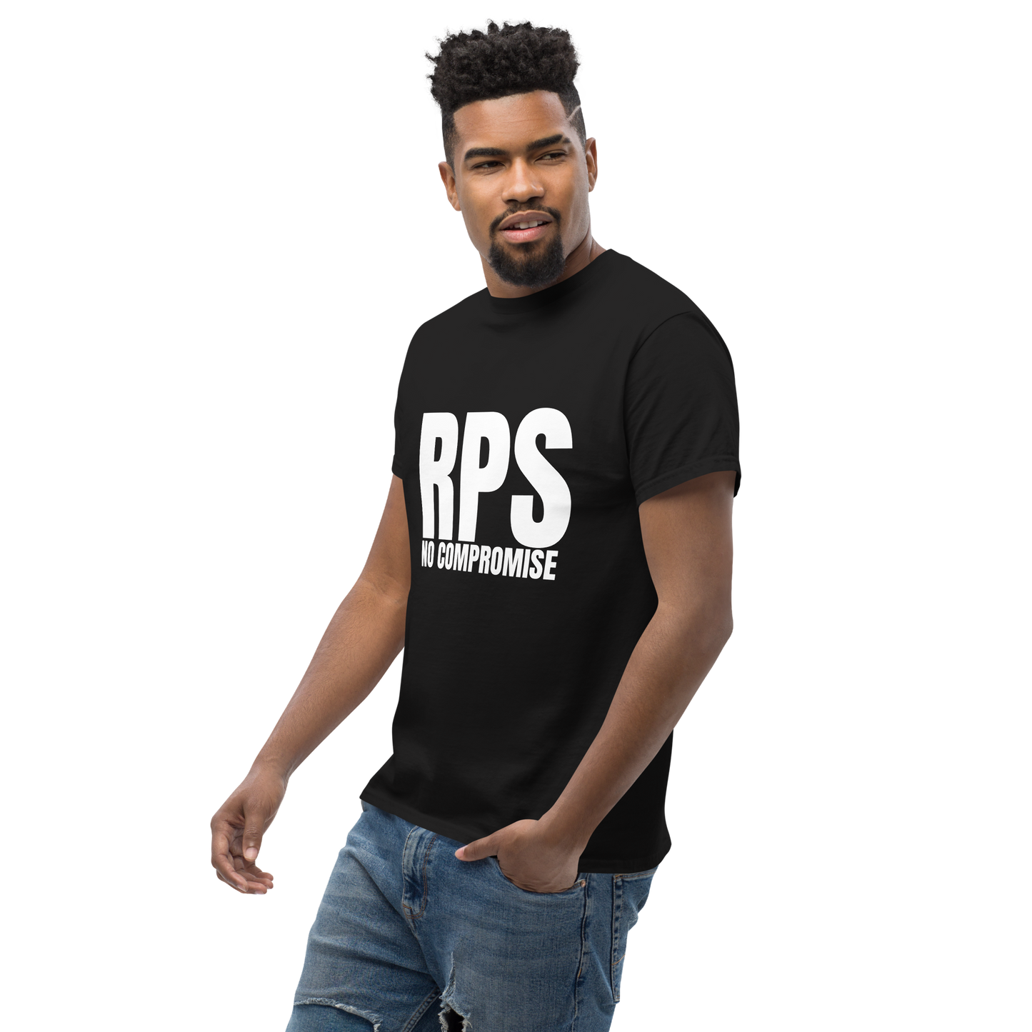 Rebel Parent Society Men's RPS No Compromise T-Shirt, White, Front Side, Model 2