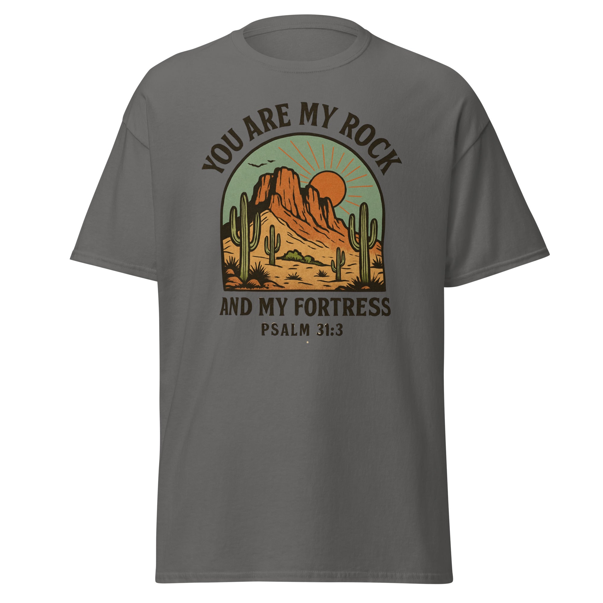 “You Are My Rock and My Fortress” women’s t-shirt featuring Psalm 31:3 with a vintage desert landscape design, symbolizing God's protection and strength, front, charcoal