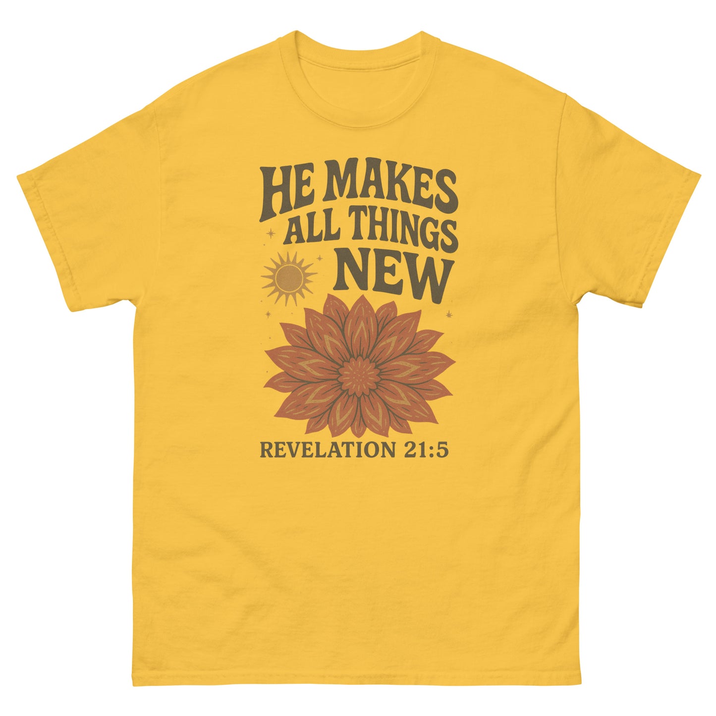 "He Makes All Things New" t-shirt featuring Revelation 21:5 with a vibrant floral design and sunburst, symbolizing new beginnings and God's renewing power, yellow, front