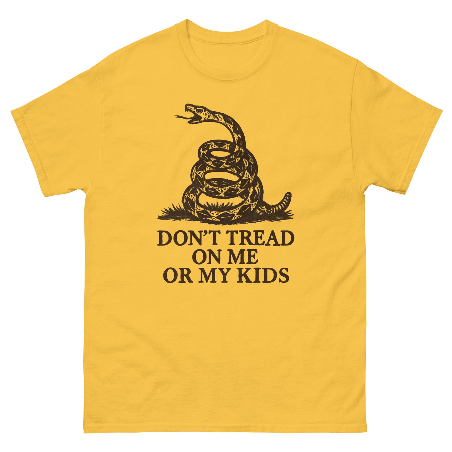 T-shirt with a coiled rattlesnake graphic above the bold text 'Don't Tread on Me or My Kids' in dark brown lettering. Front, Yellow daisy