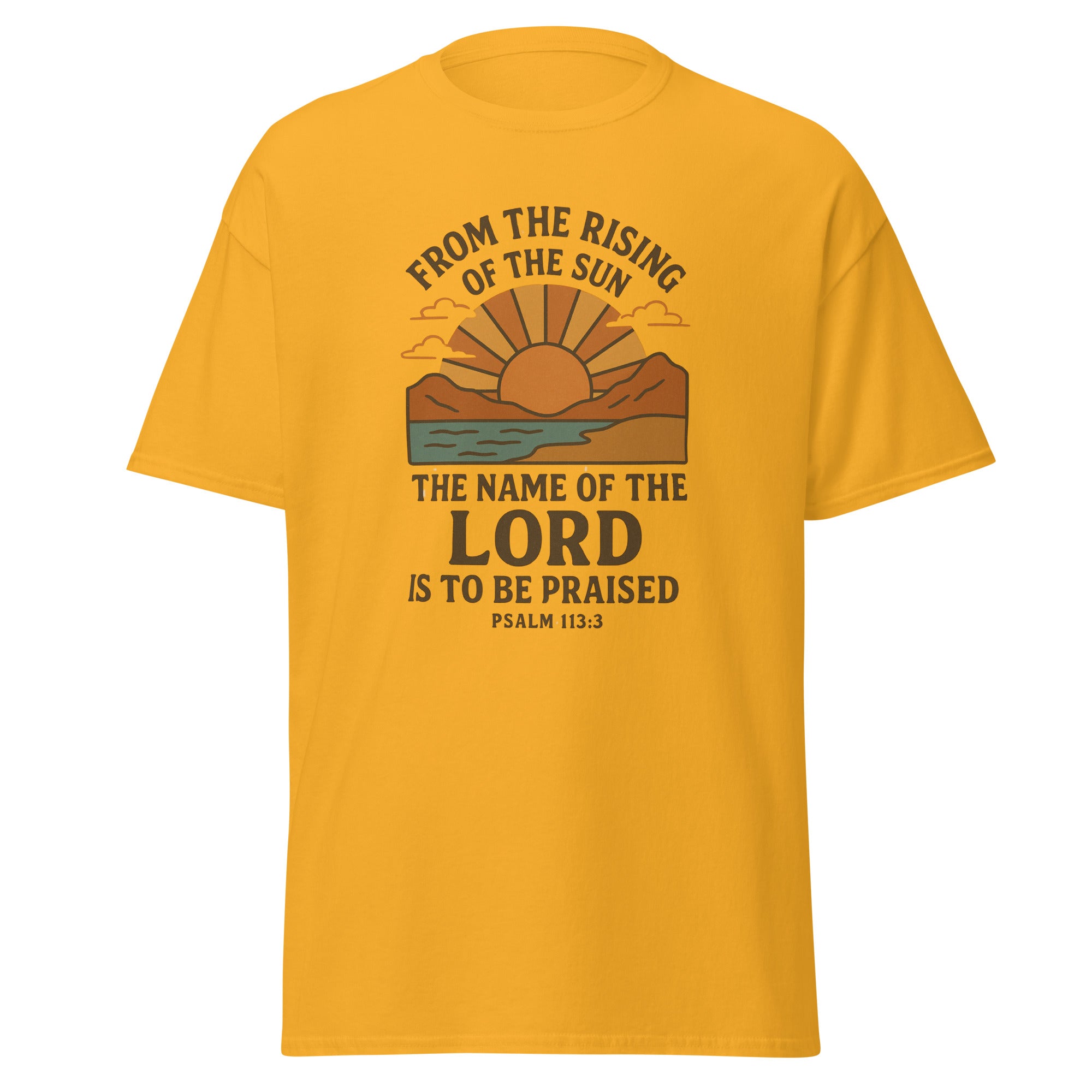 “Rising Sun Boho Women’s T-shirt” featuring Psalm 113:3, with a vintage sunrise and mountain design, symbolizing faith and praise, gold, front