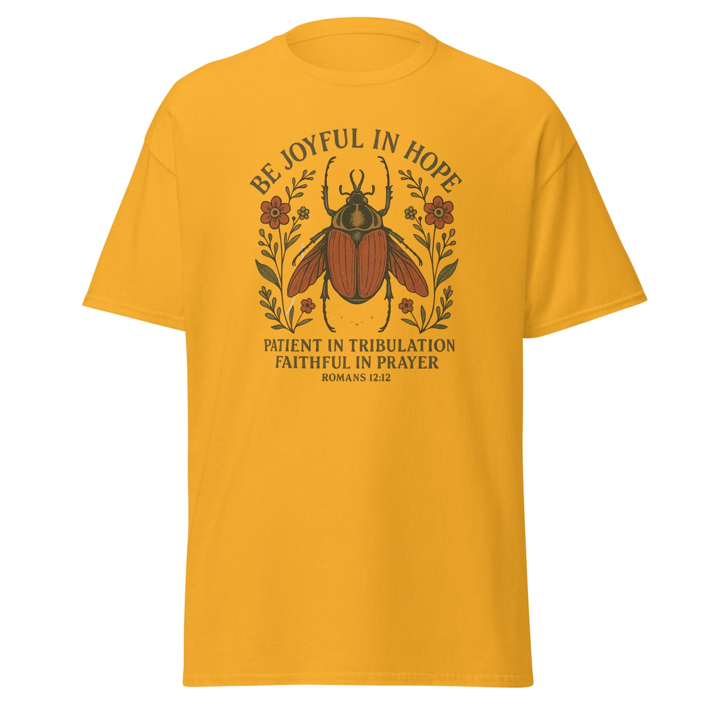 Joyful Bug Boho Women's T-shirt featuring Romans 12:12 with a whimsical beetle and floral design, symbolizing joy, patience, and faith, gold, front