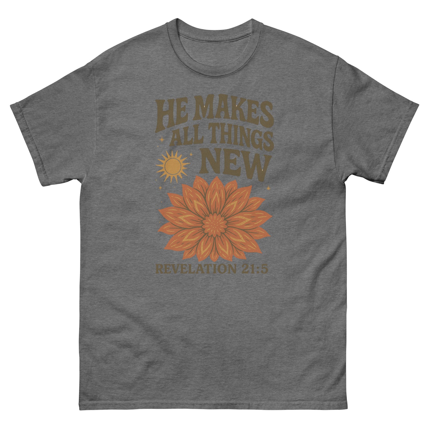 "He Makes All Things New" t-shirt featuring Revelation 21:5 with a vibrant floral design and sunburst, symbolizing new beginnings and God's renewing power, gray, front