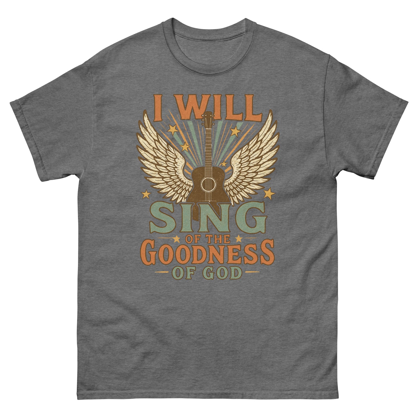 Women's t-shirt with a vintage-style graphic of a guitar with angel wings and stars. Text reads 'I Will Sing of the Goodness of God' in bold retro fonts. Front, Graphite Heather