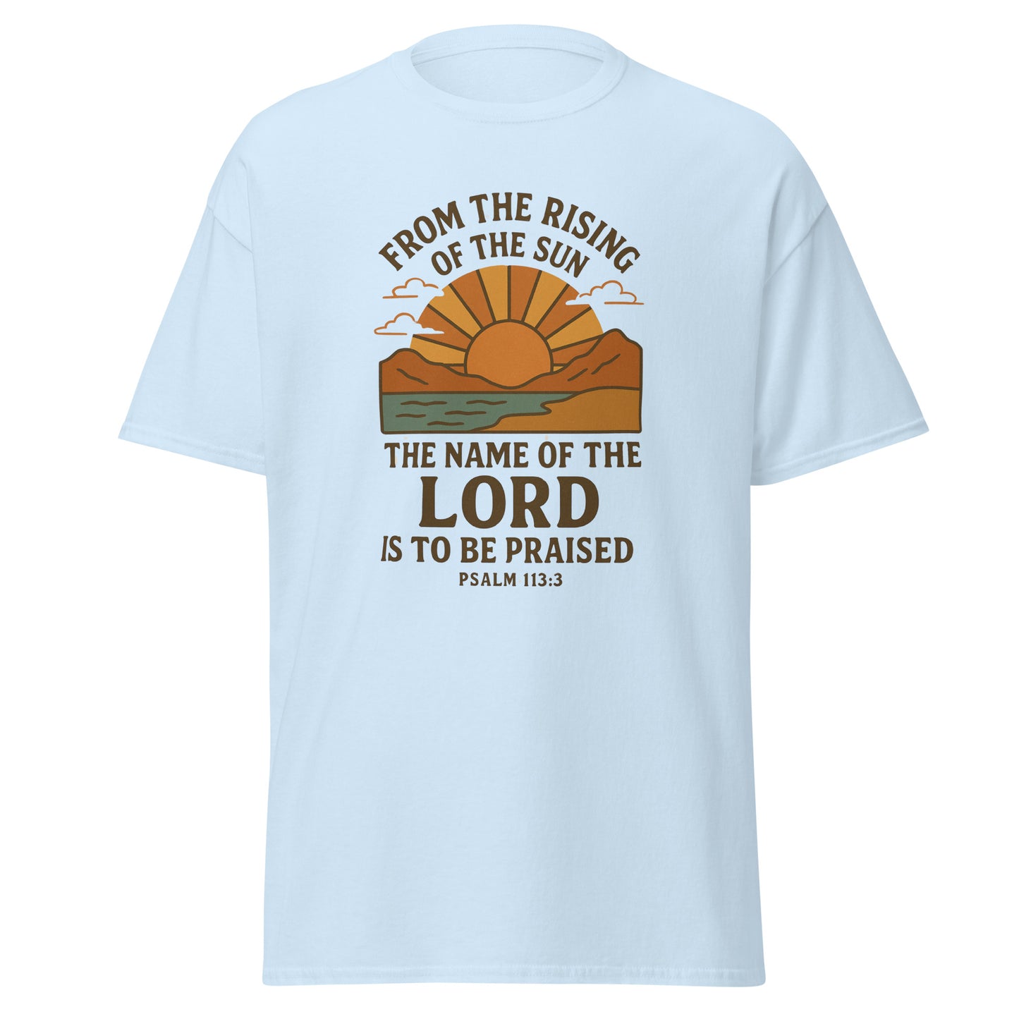 “Rising Sun Boho Women’s T-shirt” featuring Psalm 113:3, with a vintage sunrise and mountain design, symbolizing faith and praise, light blue, front
