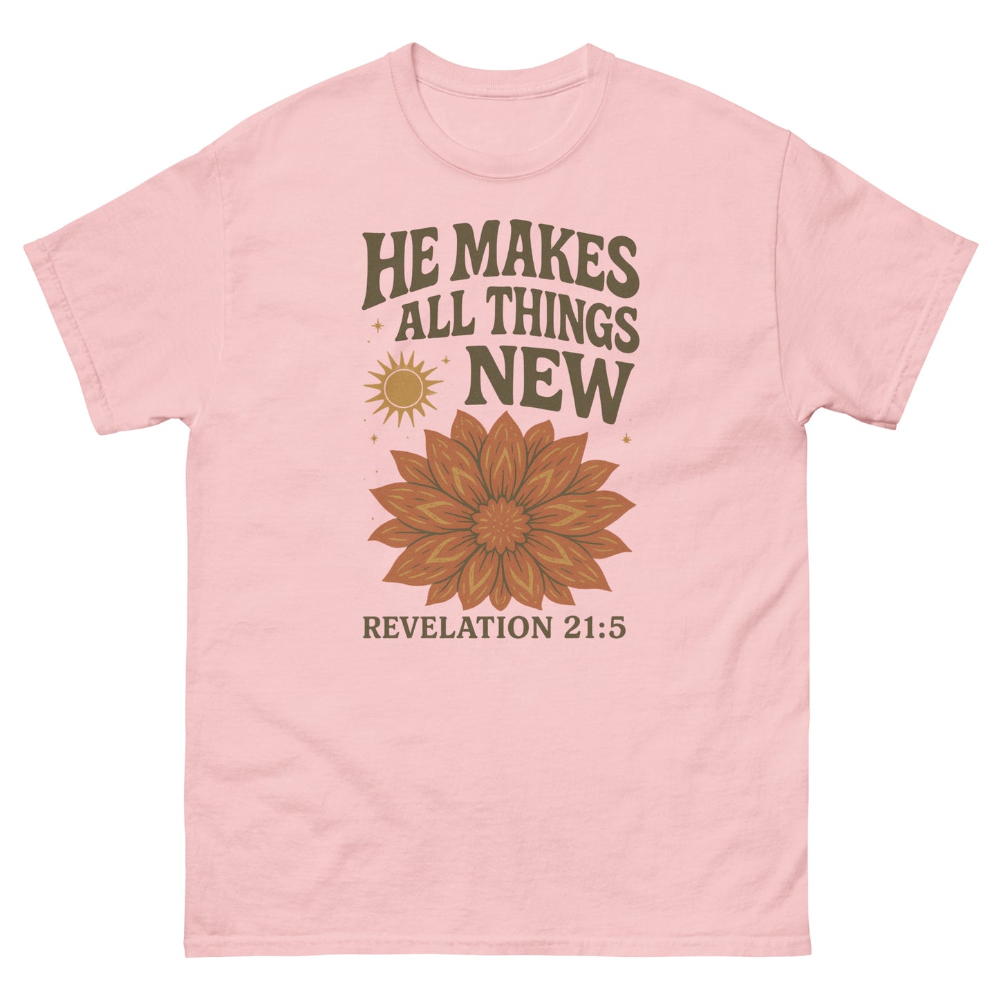 "He Makes All Things New" t-shirt featuring Revelation 21:5 with a vibrant floral design and sunburst, symbolizing new beginnings and God's renewing power, front, light pink