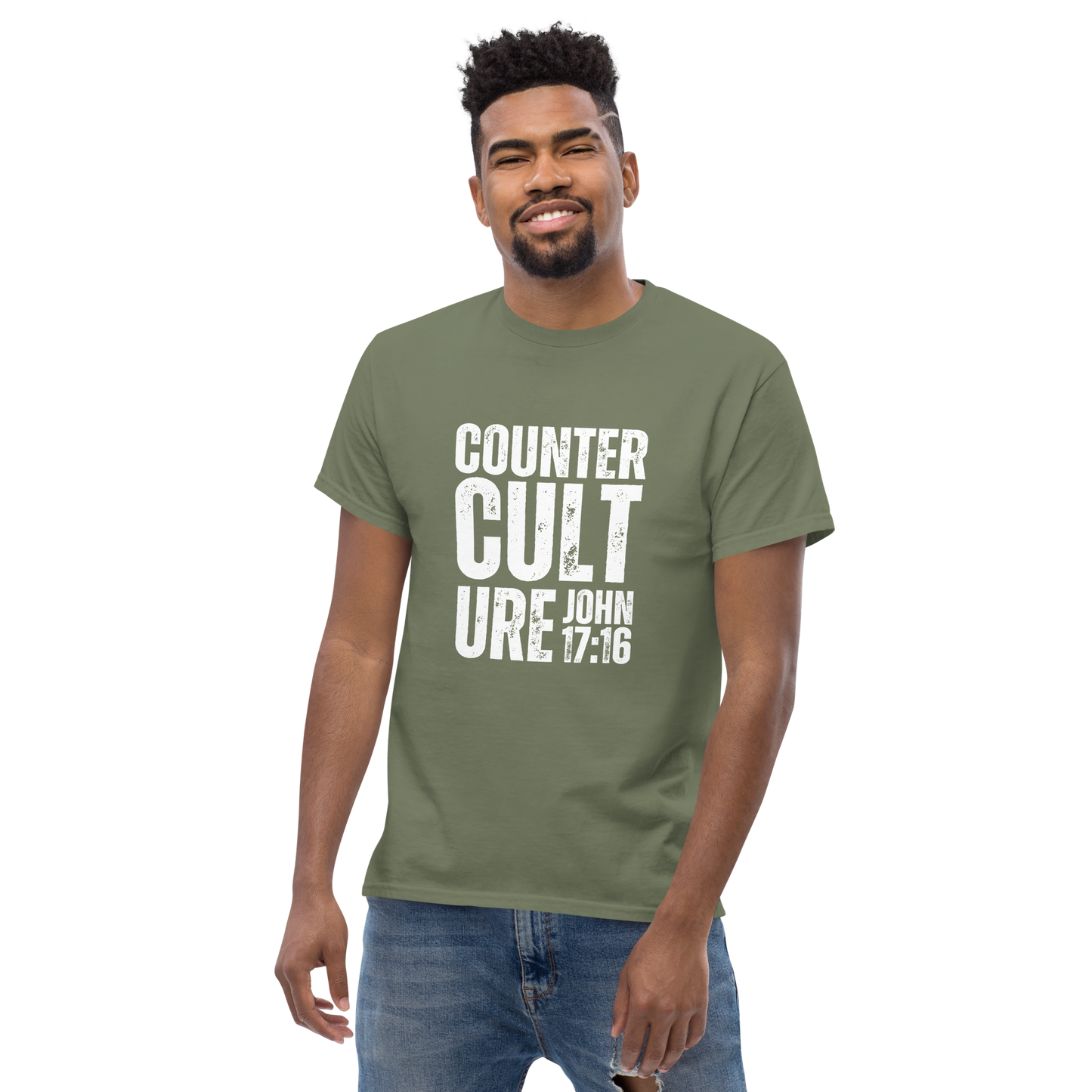 Rebel Parent Society Men's Counterculture T-Shirt, Green, Front Side, Model