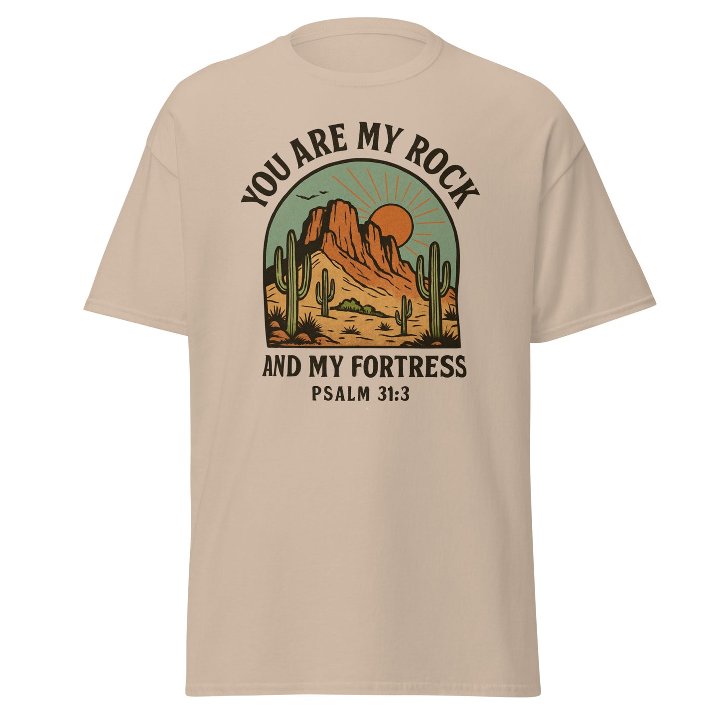“You Are My Rock and My Fortress” women’s t-shirt featuring Psalm 31:3 with a vintage desert landscape design, symbolizing God's protection and strength, front, sand color
