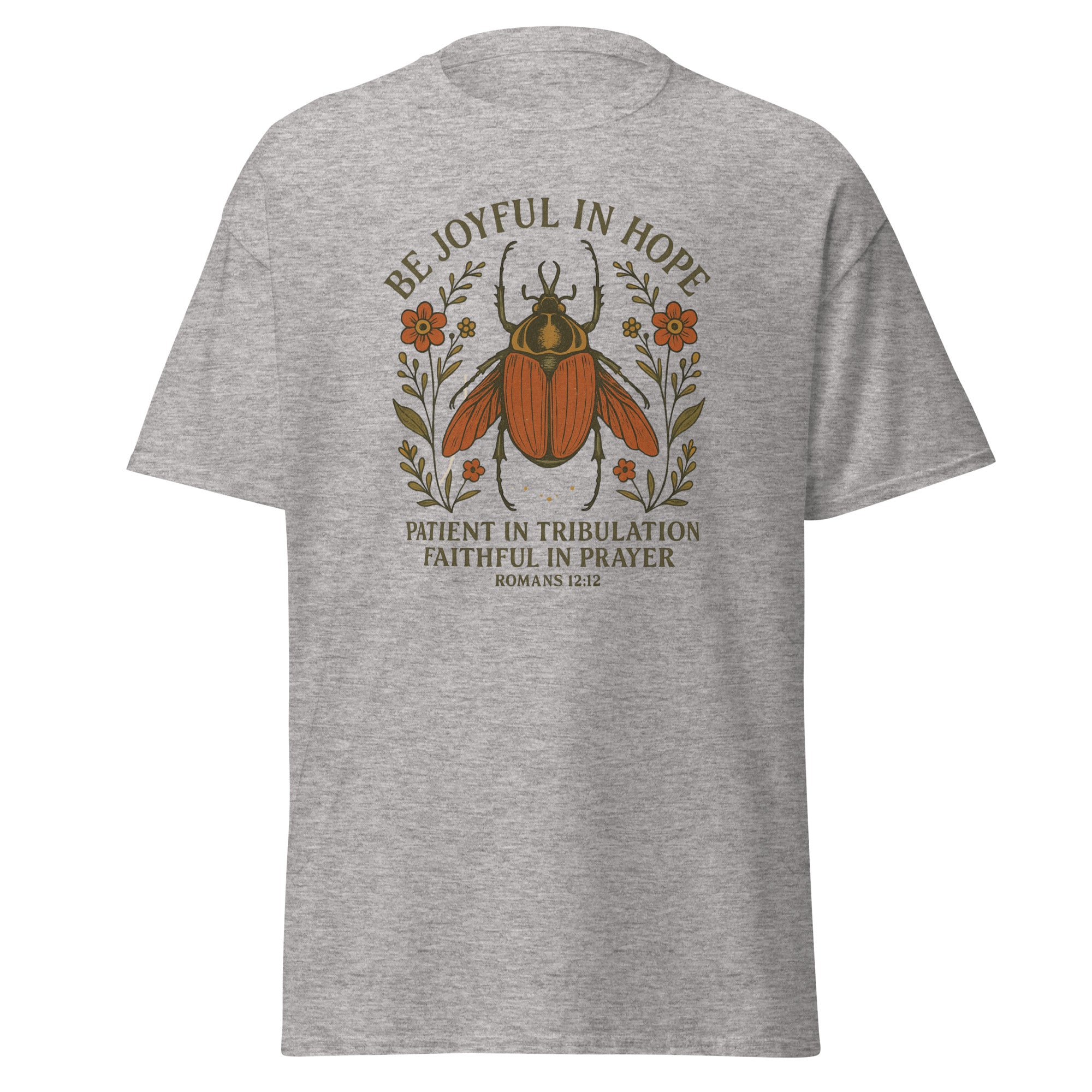 Joyful Bug Boho Women's T-shirt featuring Romans 12:12 with a whimsical beetle and floral design, symbolizing joy, patience, and faith, ash color, front