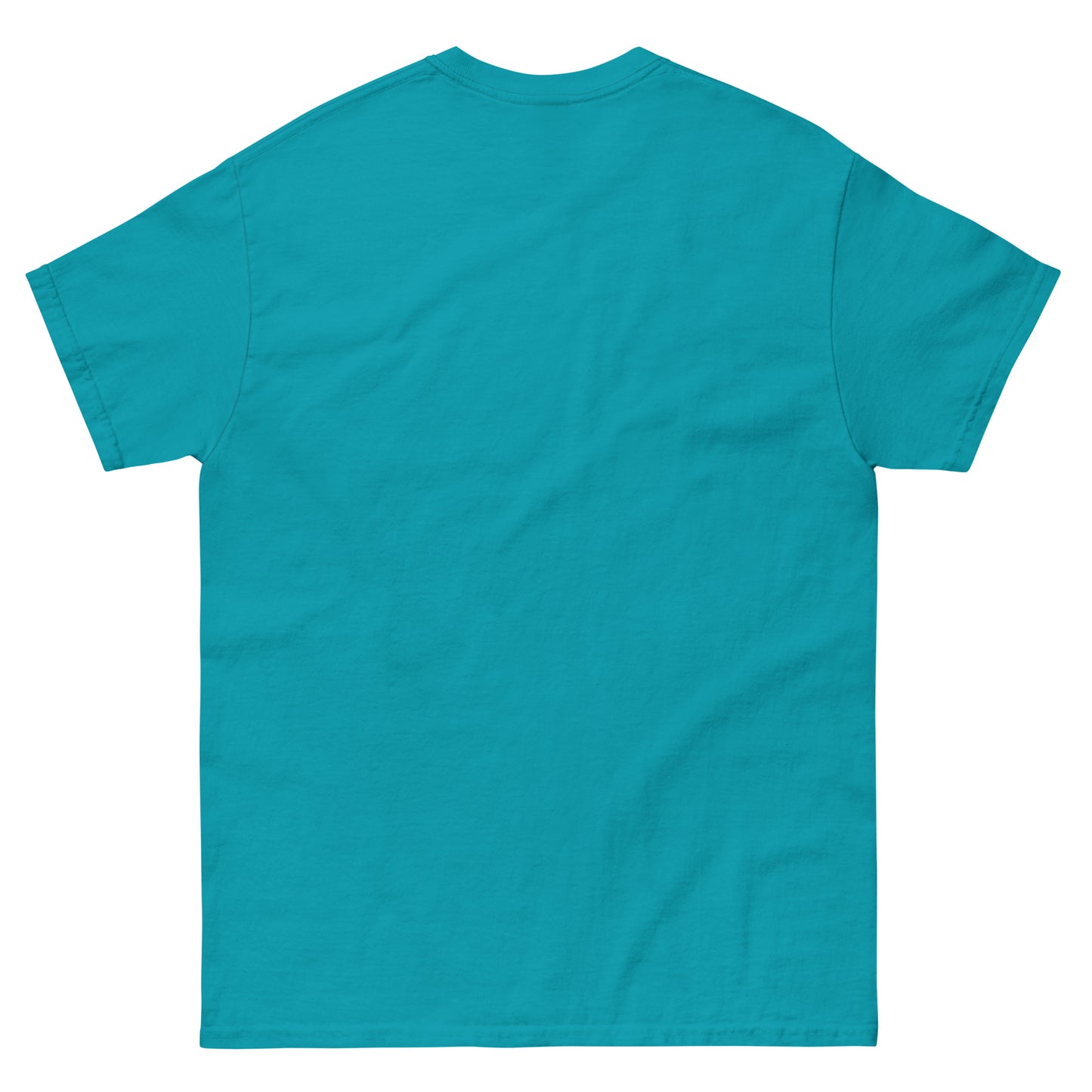 T-shirt with a retro-style design featuring a sun rising over waves and the bold text “MY FEAR DOESN’T STAND A CHANCE” in orange and dark teal. Back empty, tropical blue