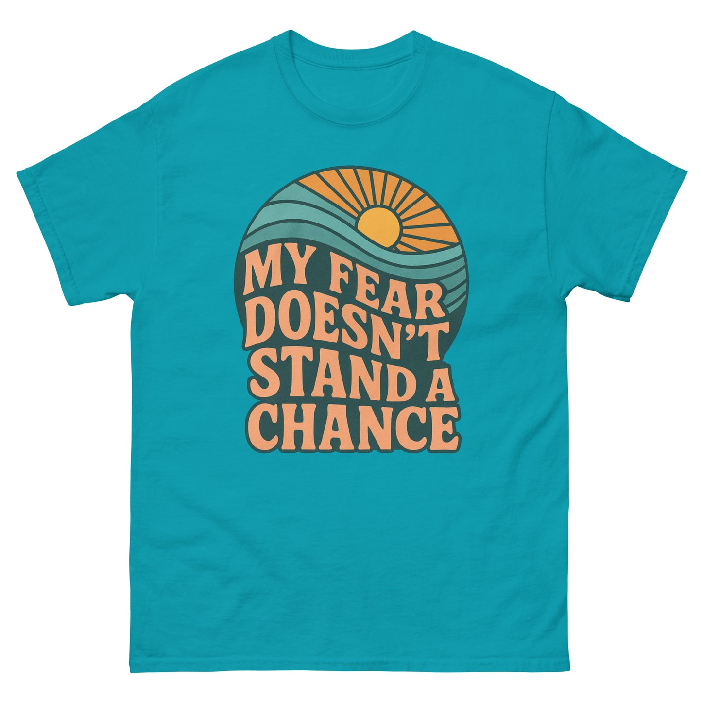 T-shirt with a retro-style design featuring a sun rising over waves and the bold text “MY FEAR DOESN’T STAND A CHANCE” in orange and dark teal. Front, Tropical Blue color