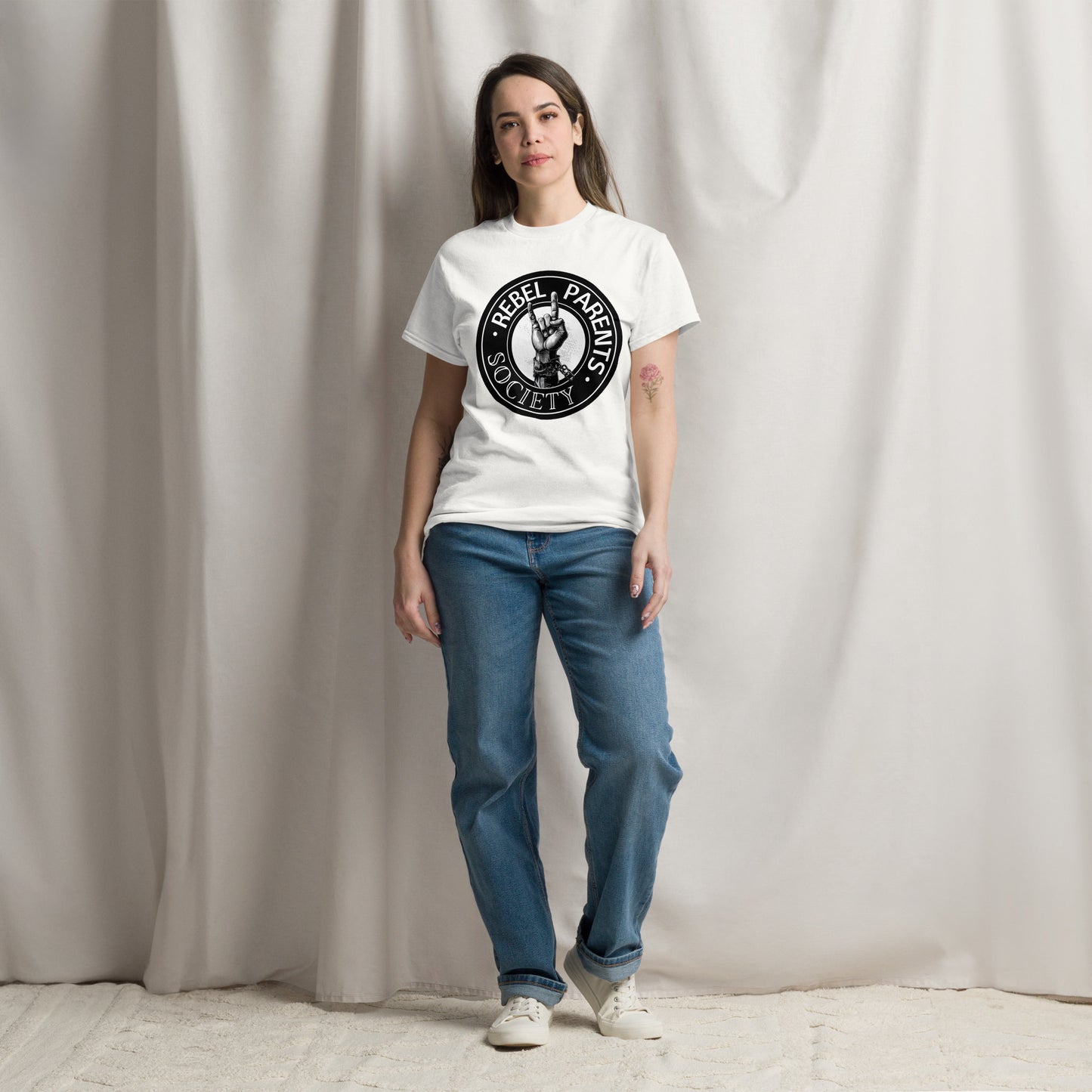 Rebel Parent Society RPS Logo, White, Front Side, Female Model