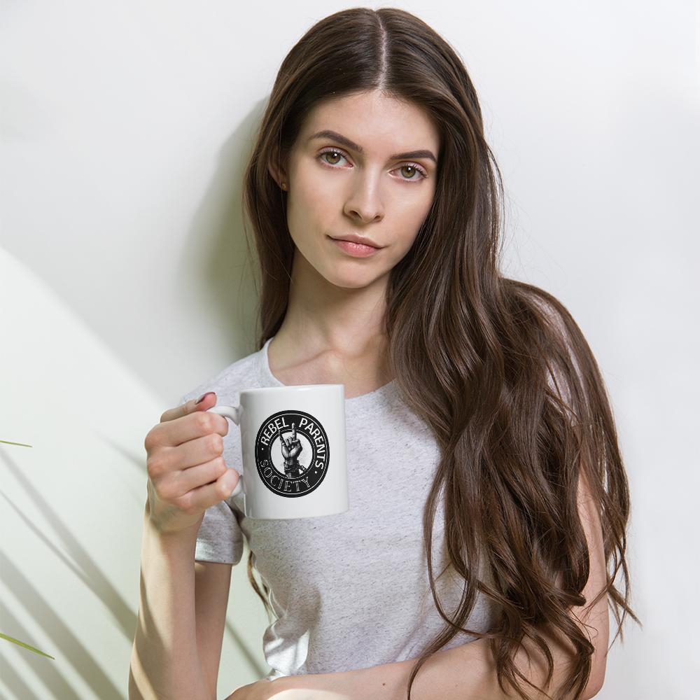 Rebel Parent Society RPS Logo Glossy Mug, White, Front Side, Female Model