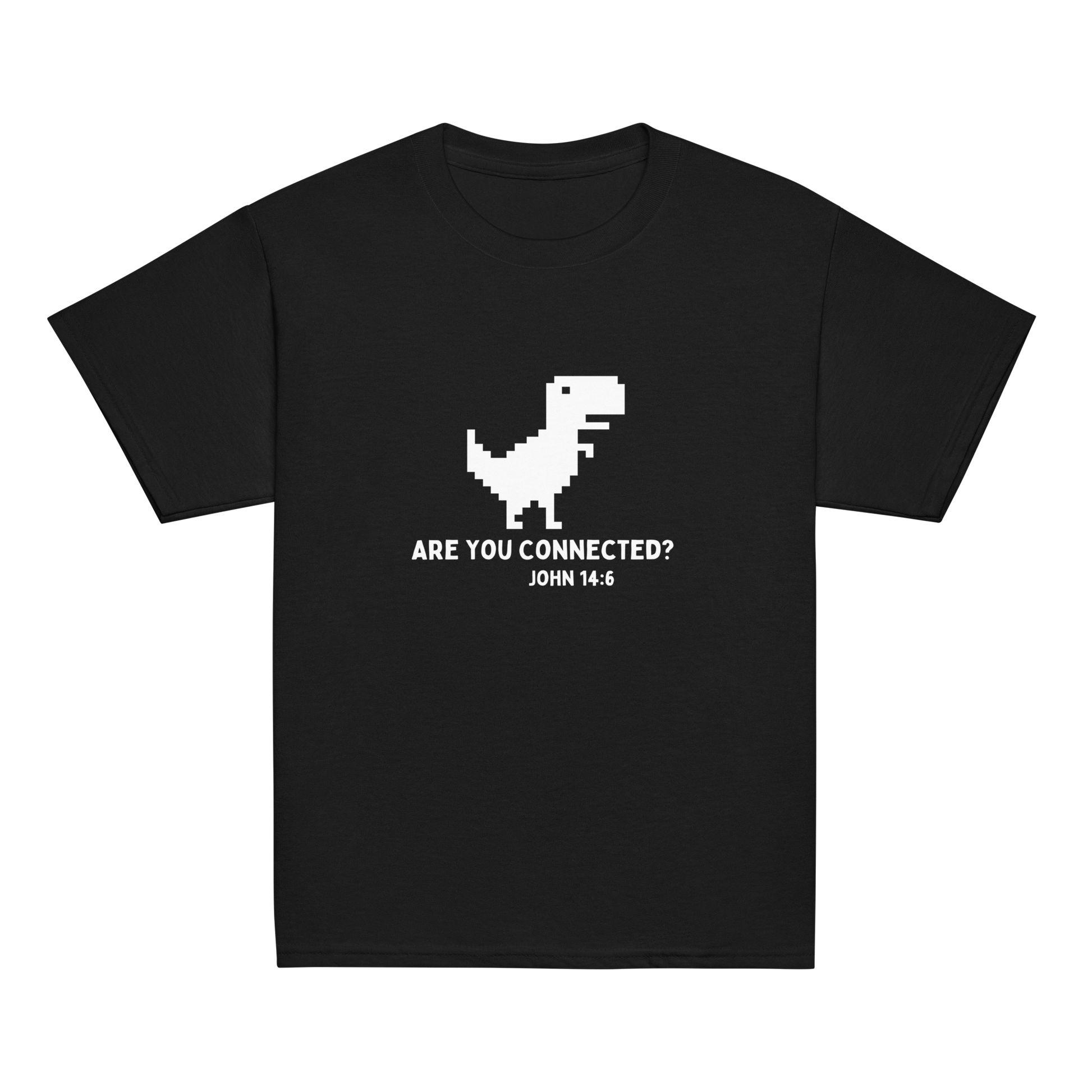 "Are You Connected" Youth T-Shirt, RPS, Black, Front, Dinosaur