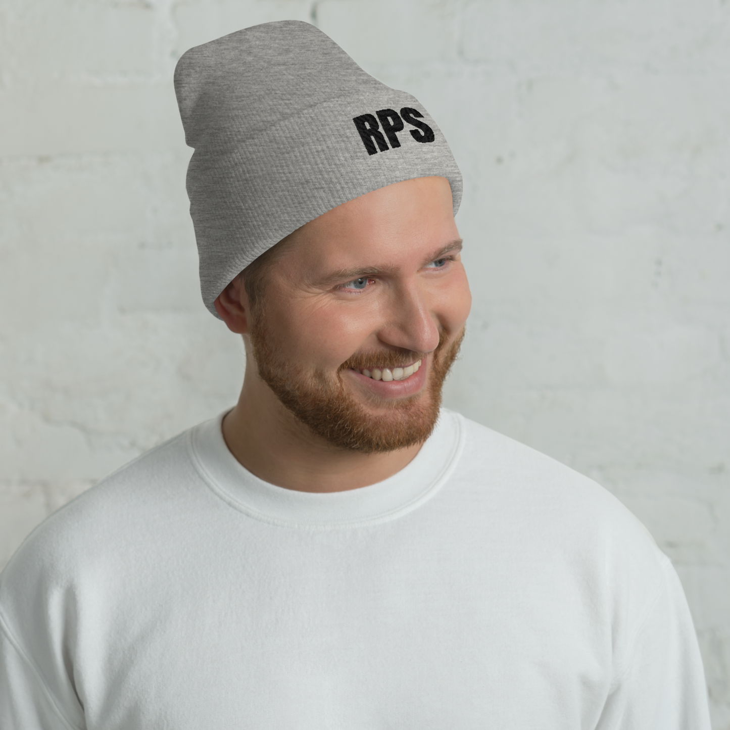 Rebel Parent Society RPS Cuffed Beanie, Gray, Front Left Side, Male Model