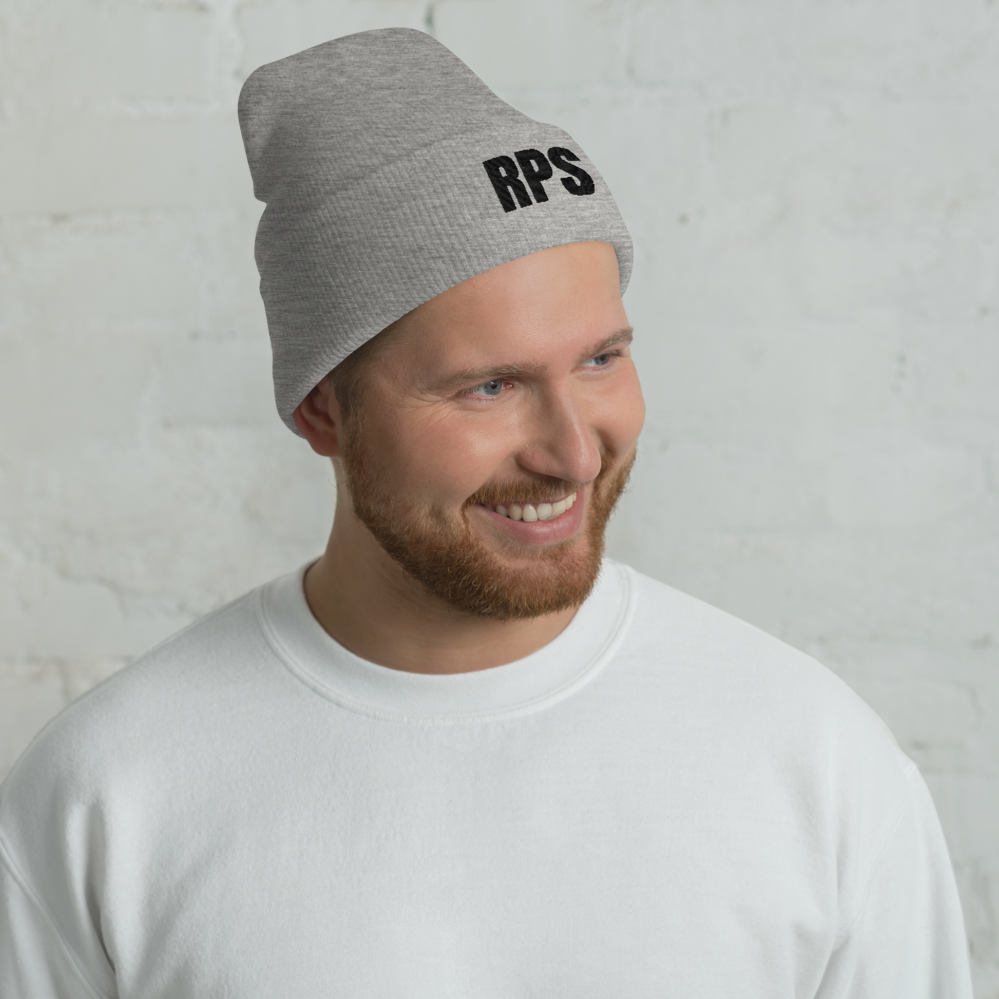 Rebel Parent Society RPS Cuffed Beanie, Gray, Front Left Side, Male Model
