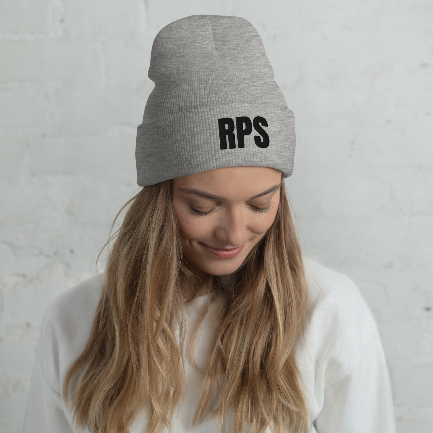 Rebel Parent Society RPS Cuffed Beanie, Gray, Front Left Side, Female Model