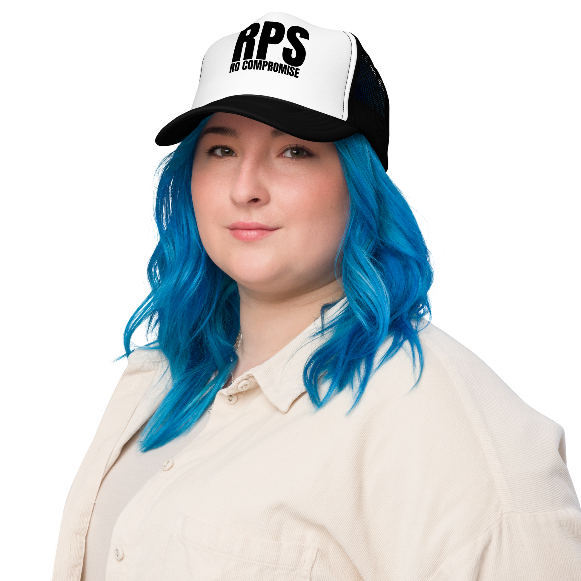 Rebel Parent Society RPS No Compromise Foam Trucker Hat, Black/White, Front Right Side, Female Model
