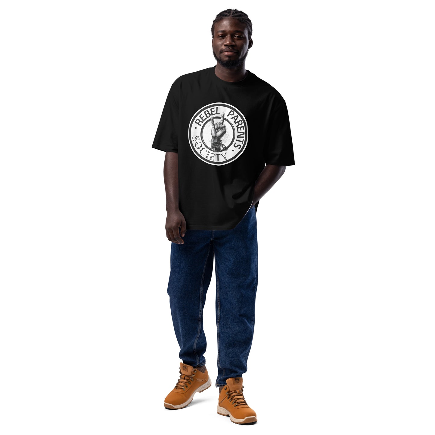 Rebel Parent Society Men's RPS Logo Oversized T-Shirt, Black, Front Side, Male Model