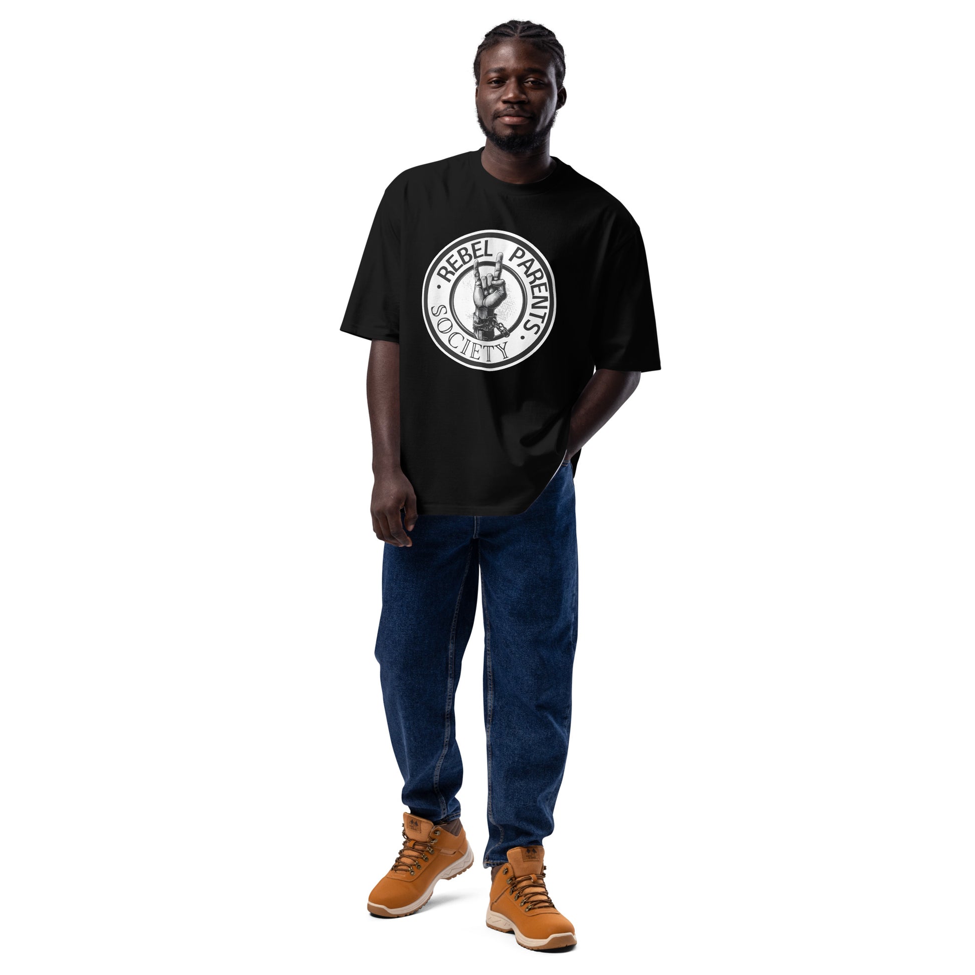 Rebel Parent Society Men's RPS Logo Oversized T-Shirt, Black, Front Side, Male Model