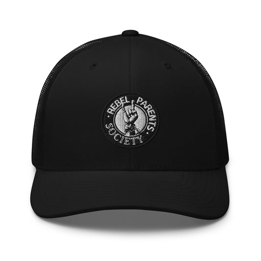 Rebel Parent Society Logo Trucker Hat, Black, Front Side