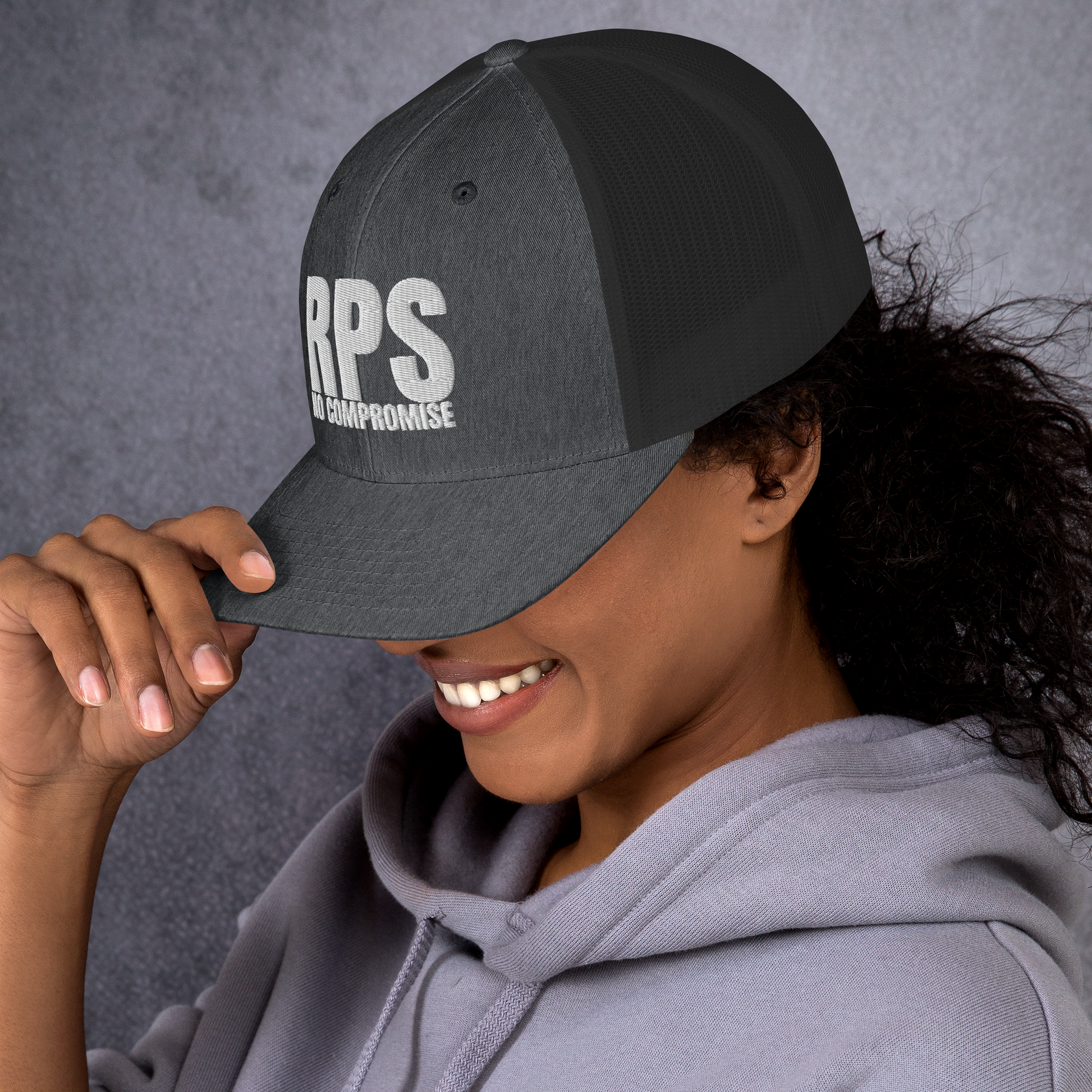 Rebel Parent Society RPS No Compromise Trucker Hat, Dark Gray, Front Right Side, Girl Model