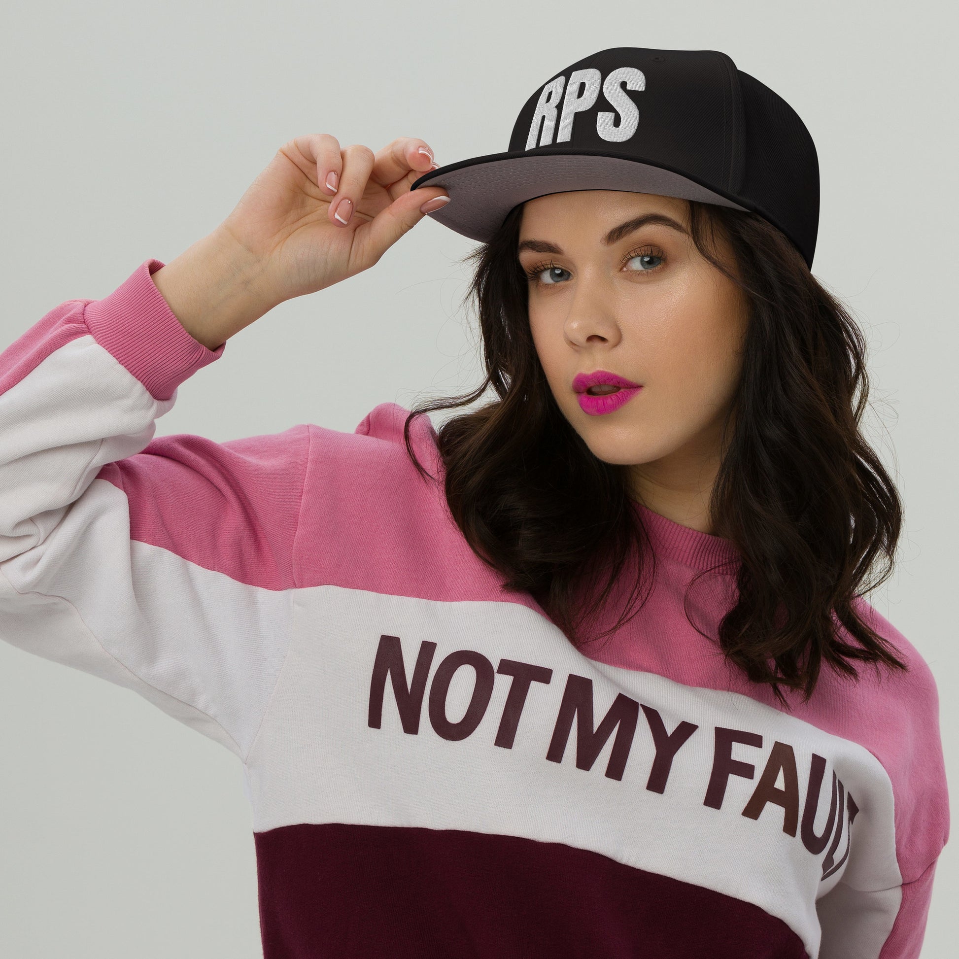 Rebel Parent Society RPS Snapback Hat, Black, Front Right Side, Female Model