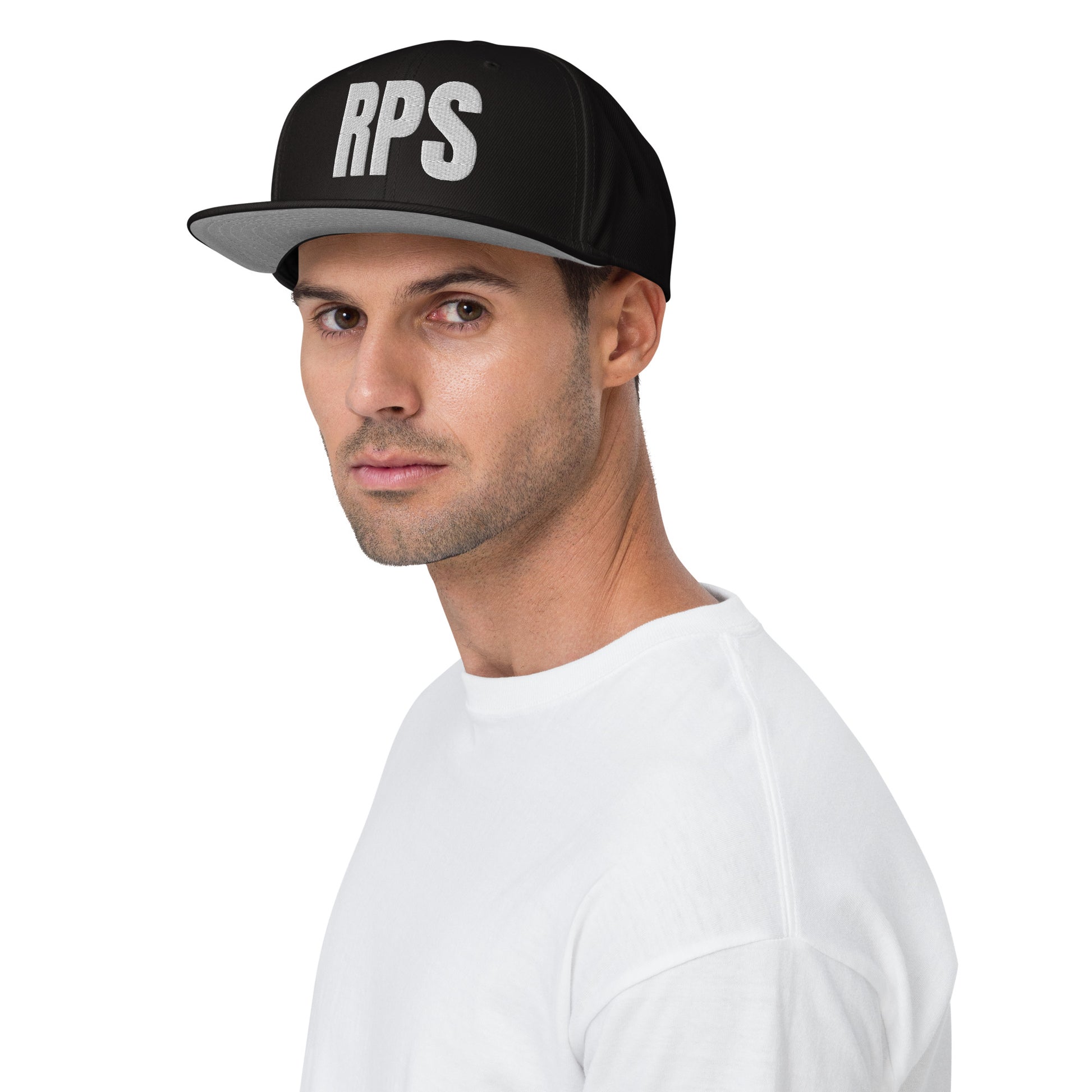 Rebel Parent Society RPS Snapback Hat, Black, Front Right Side, Male Model