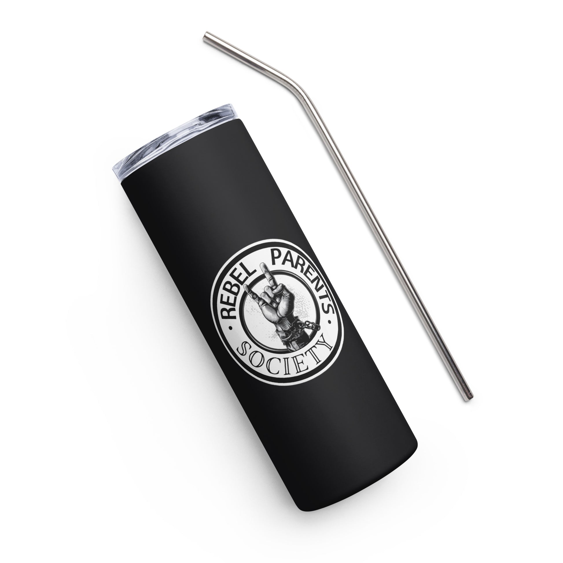 Rebel Parent Society RPS Logo Stainless Steel Tumbler, Black, Front Side, Straw