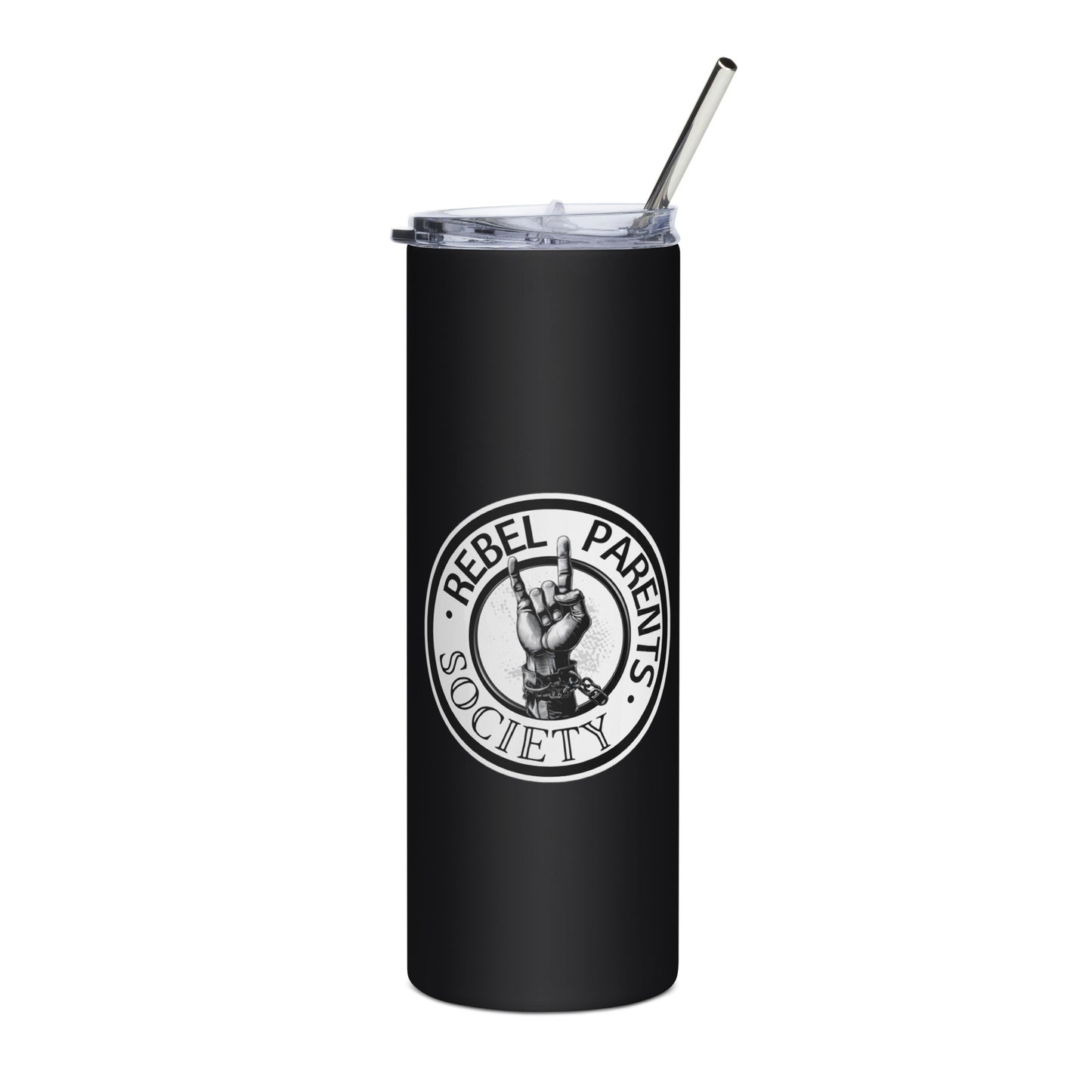 Rebel Parent Society RPS Logo Stainless Steel Tumbler, Black Front Side