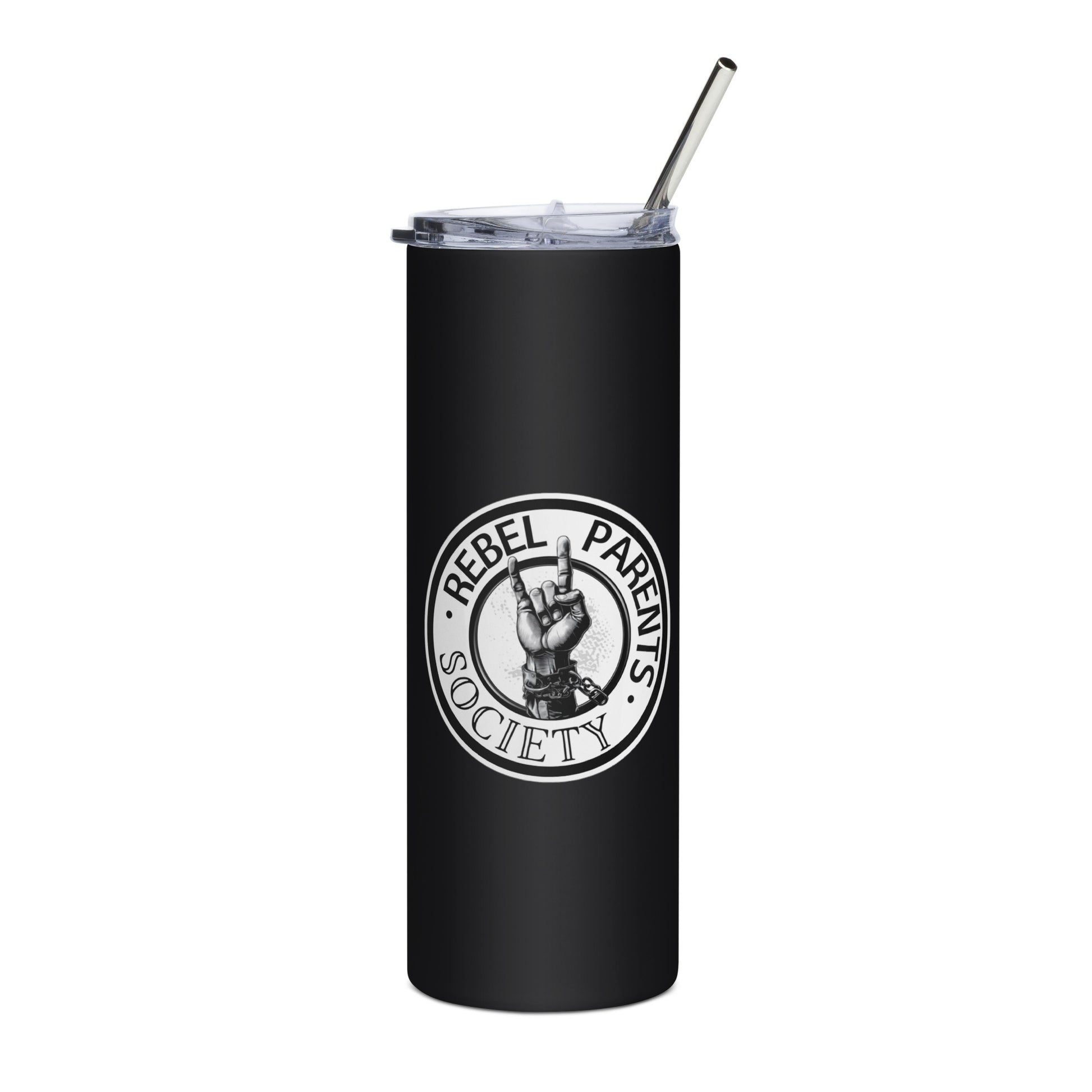 Rebel Parent Society RPS Logo Stainless Steel Tumbler, Black Front Side