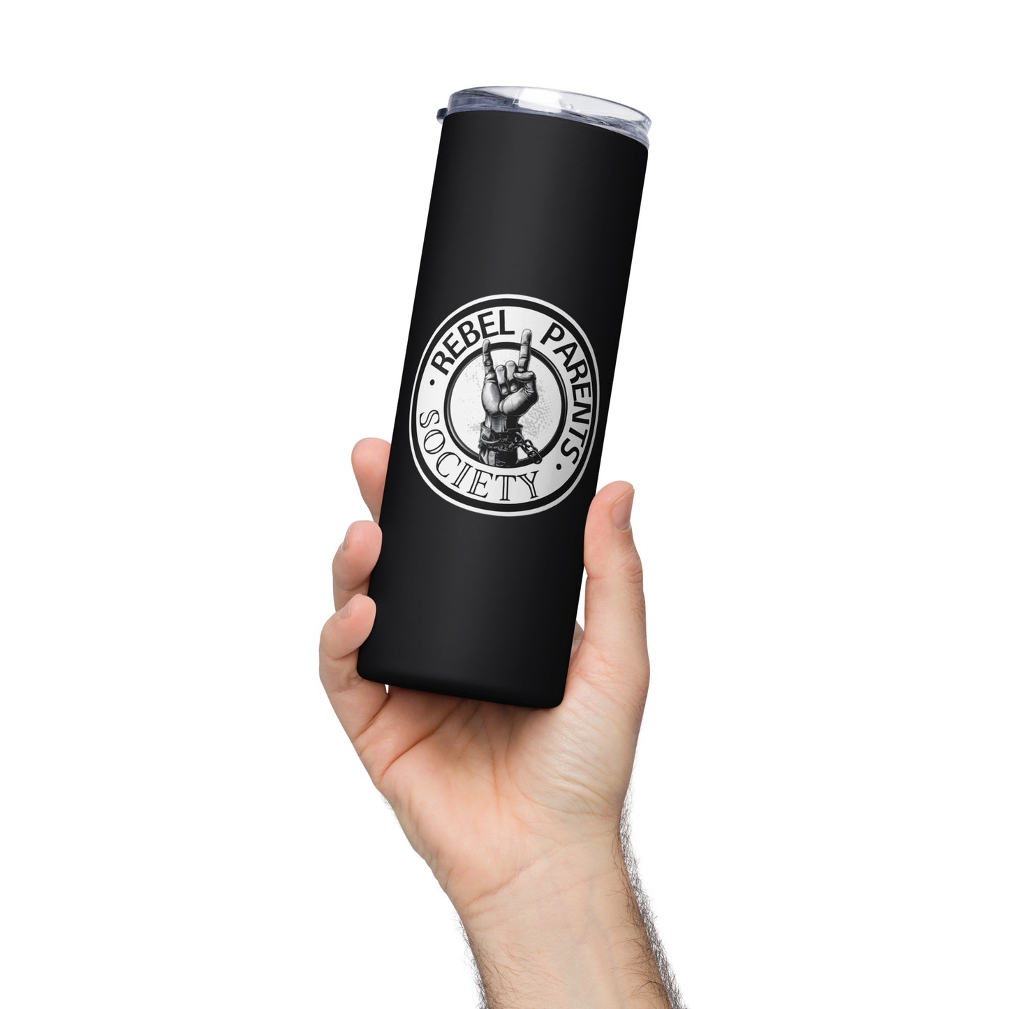 Rebel Parent Society RPS Logo Stainless Steel Tumbler, Black Front Side, Hand
