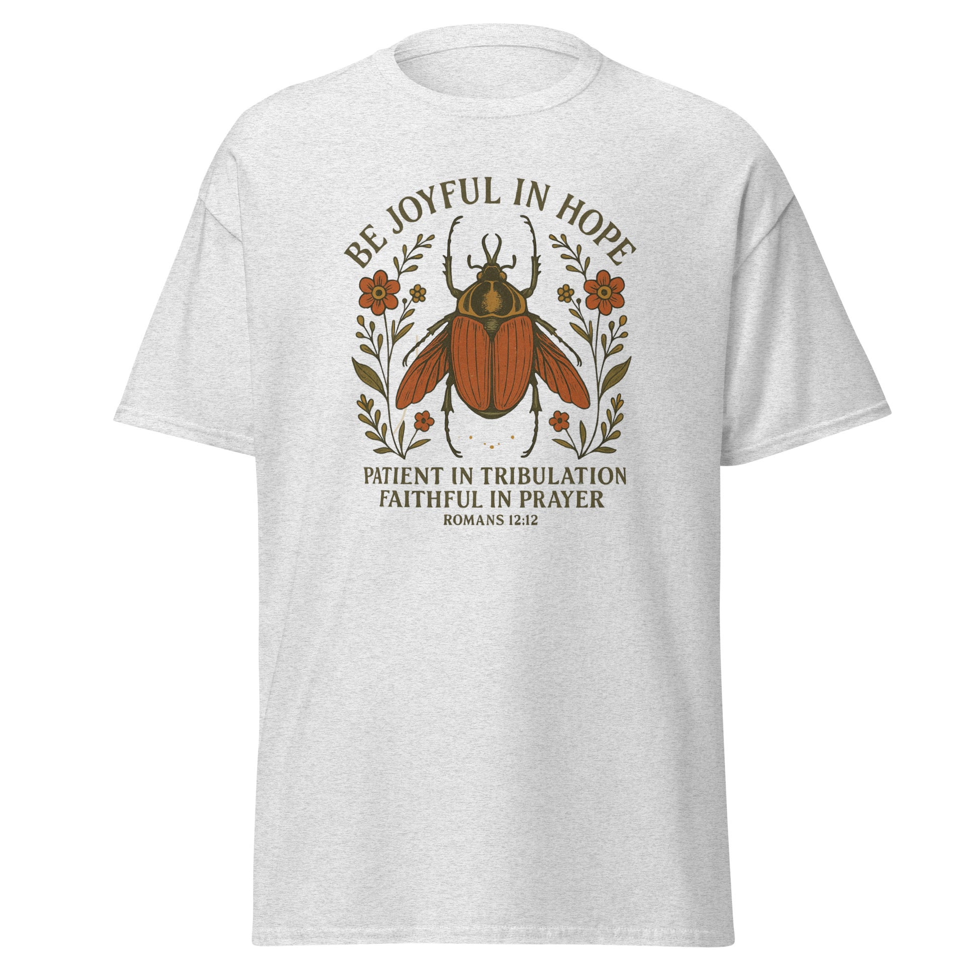 Joyful Bug Boho Women's T-shirt featuring Romans 12:12 with a whimsical beetle and floral design, symbolizing joy, patience, and faith. ash color, front