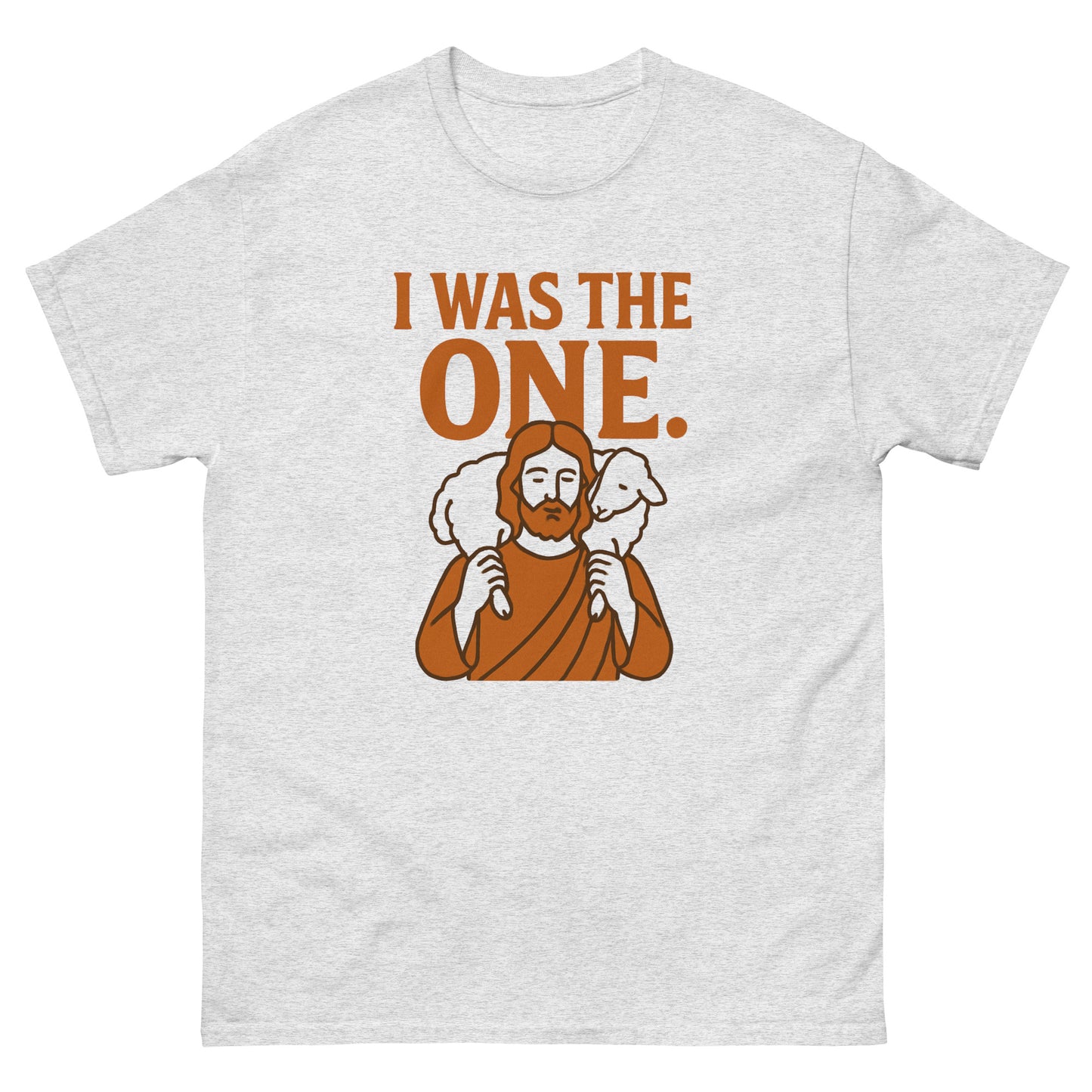 RPS, Jesus carrying a lamb over his shoulders, Title I was The One, Orange print, front side, ash color