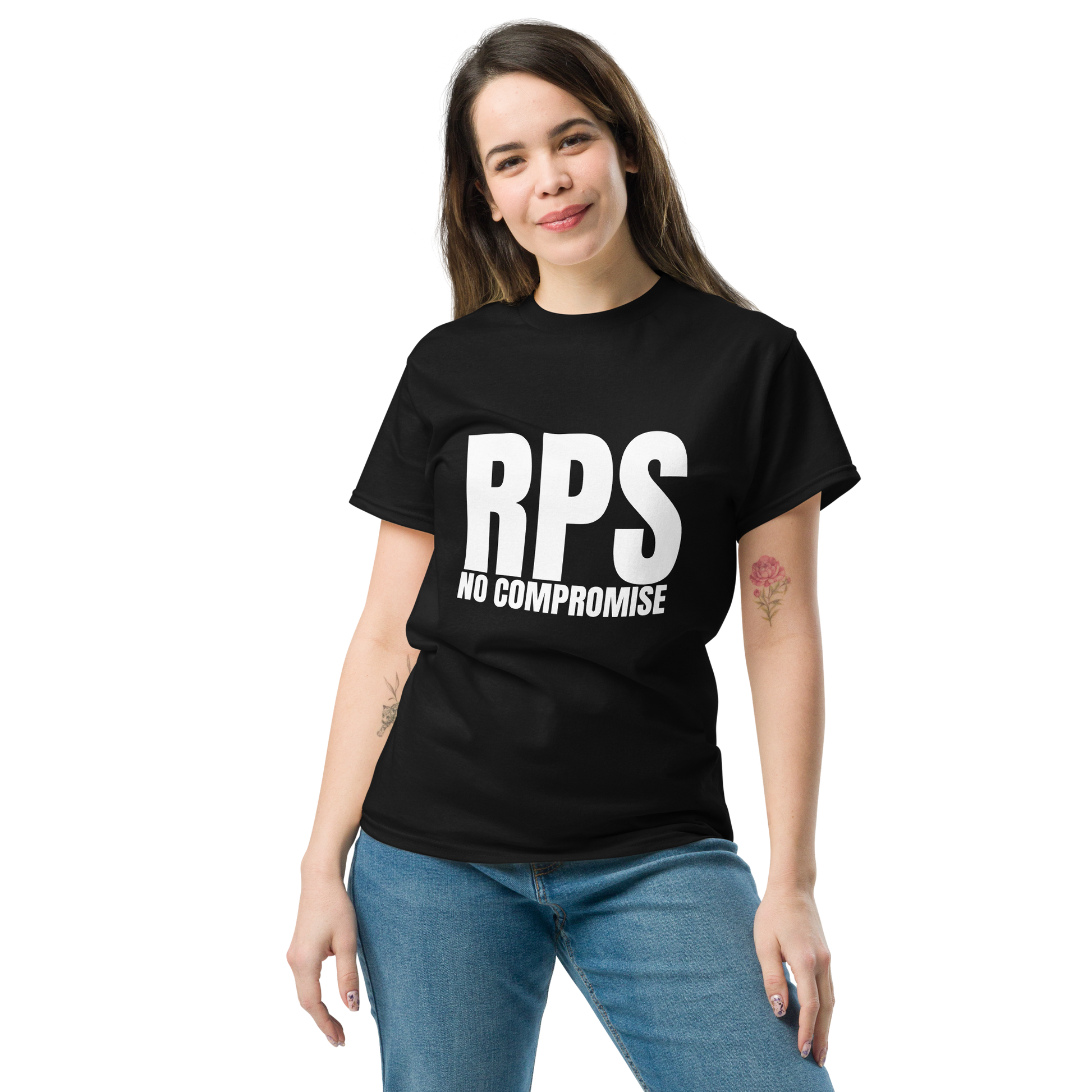 Rebel Parent Society Women's RPS No Compromise T-Shirt, Black, Front Side, Model 1
