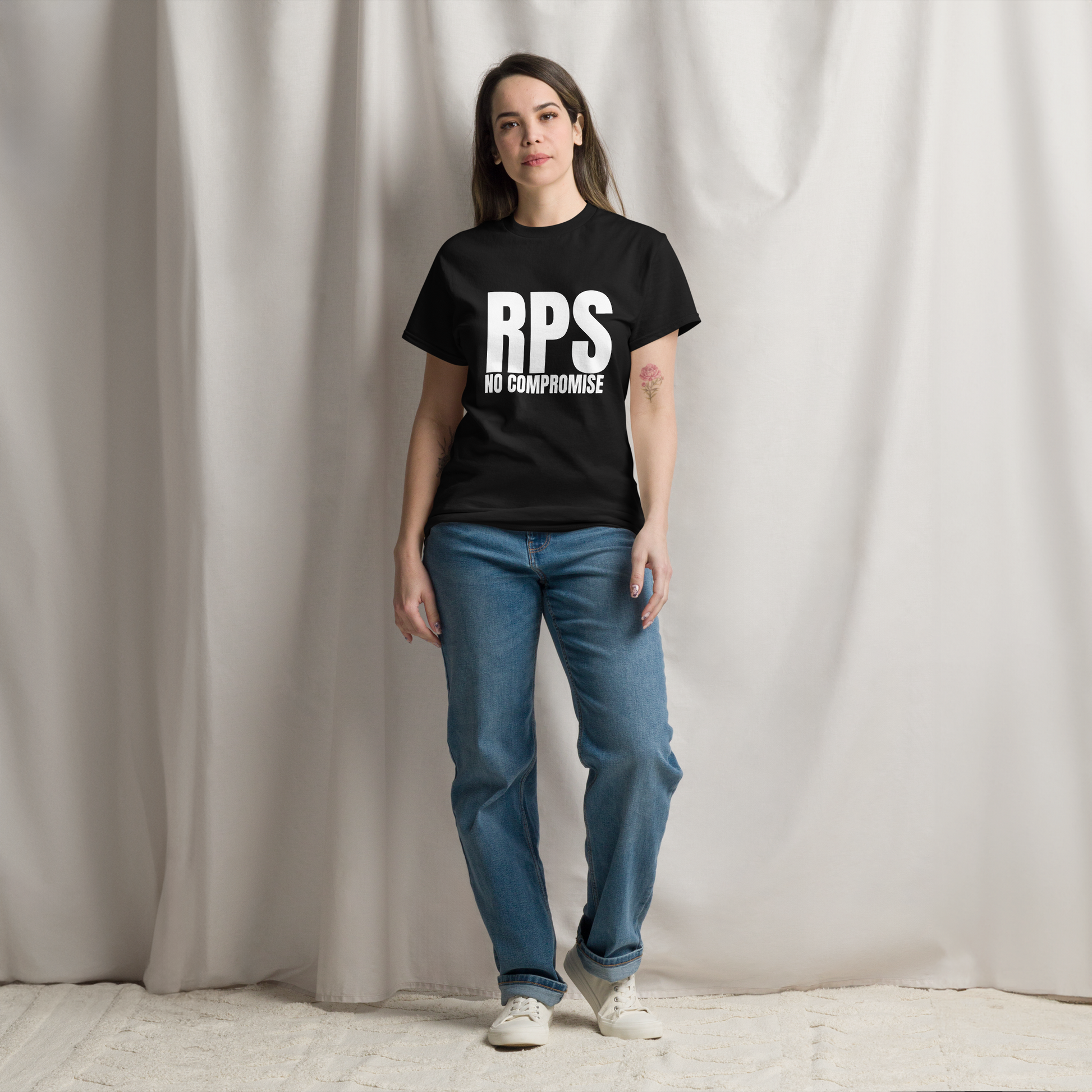 Rebel Parent Society Women's RPS No Compromise T-Shirt, Black, Front Side, Model 2