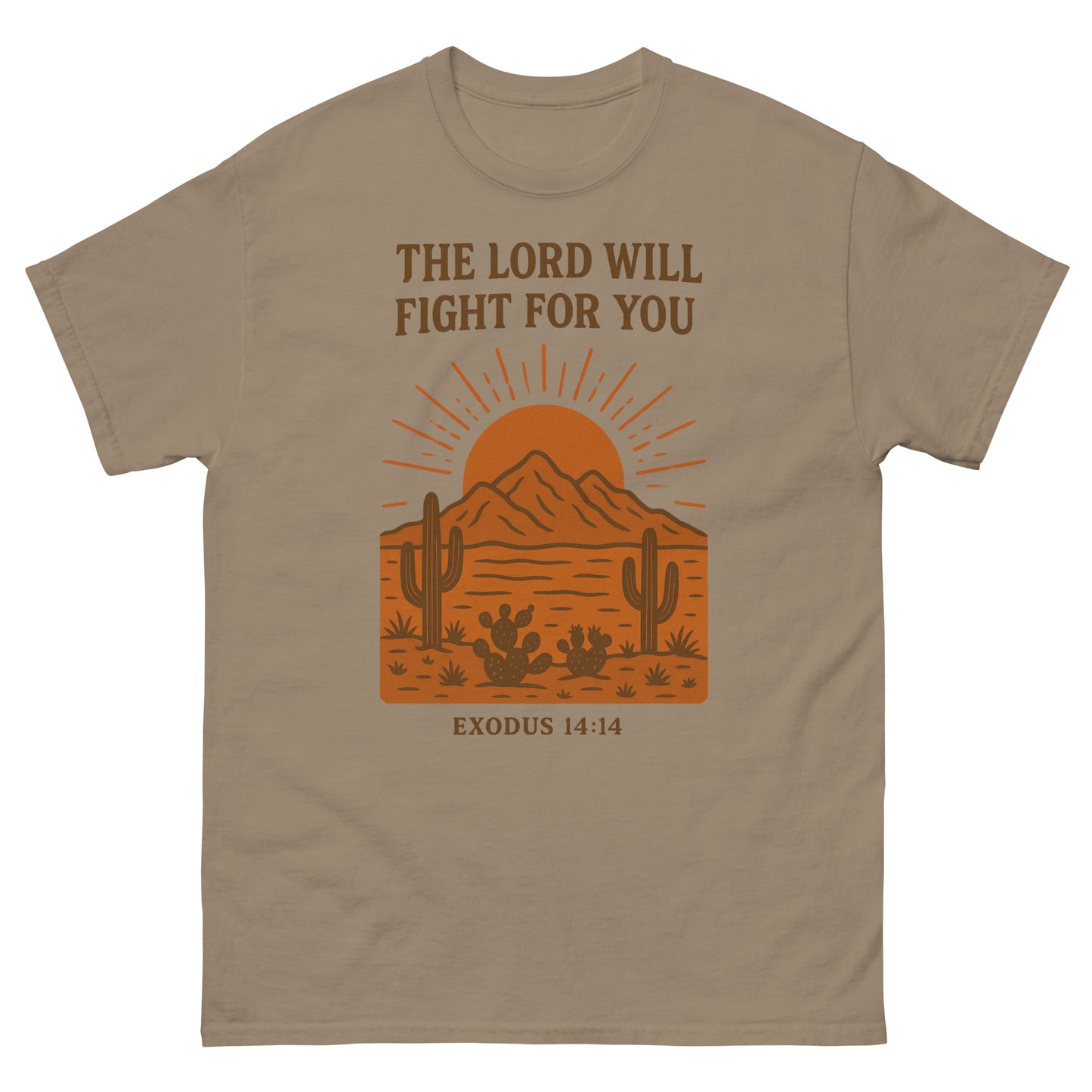 T-shirt featuring a desert landscape graphic with cacti, a sun rising behind a mountain, and the Bible verse “THE LORD WILL FIGHT FOR YOU – EXODUS 14:14” printed in bold brown lettering. brown, front