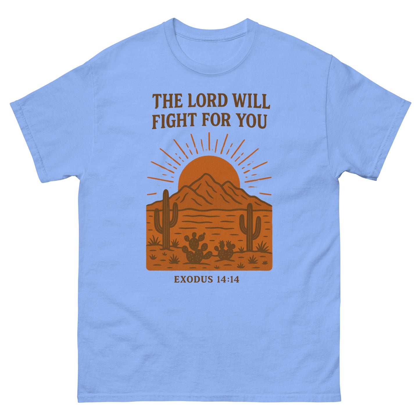 T-shirt featuring a desert landscape graphic with cacti, a sun rising behind a mountain, and the Bible verse “THE LORD WILL FIGHT FOR YOU – EXODUS 14:14” printed in bold brown lettering.blue, front