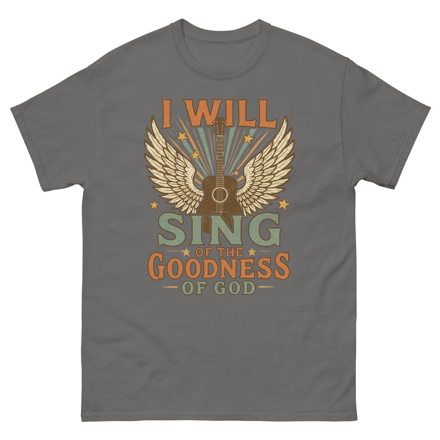 Women's t-shirt with a vintage-style graphic of a guitar with angel wings and stars. Text reads 'I Will Sing of the Goodness of God' in bold retro fonts. Front, Charcoal