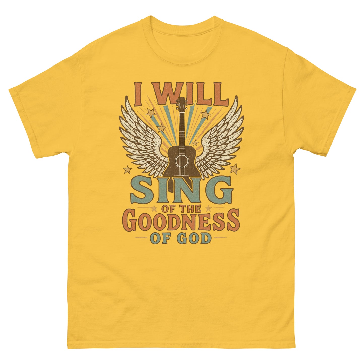 Women's t-shirt with a vintage-style graphic of a guitar with angel wings and stars. Text reads 'I Will Sing of the Goodness of God' in bold retro fonts. Front, yellow daisy color